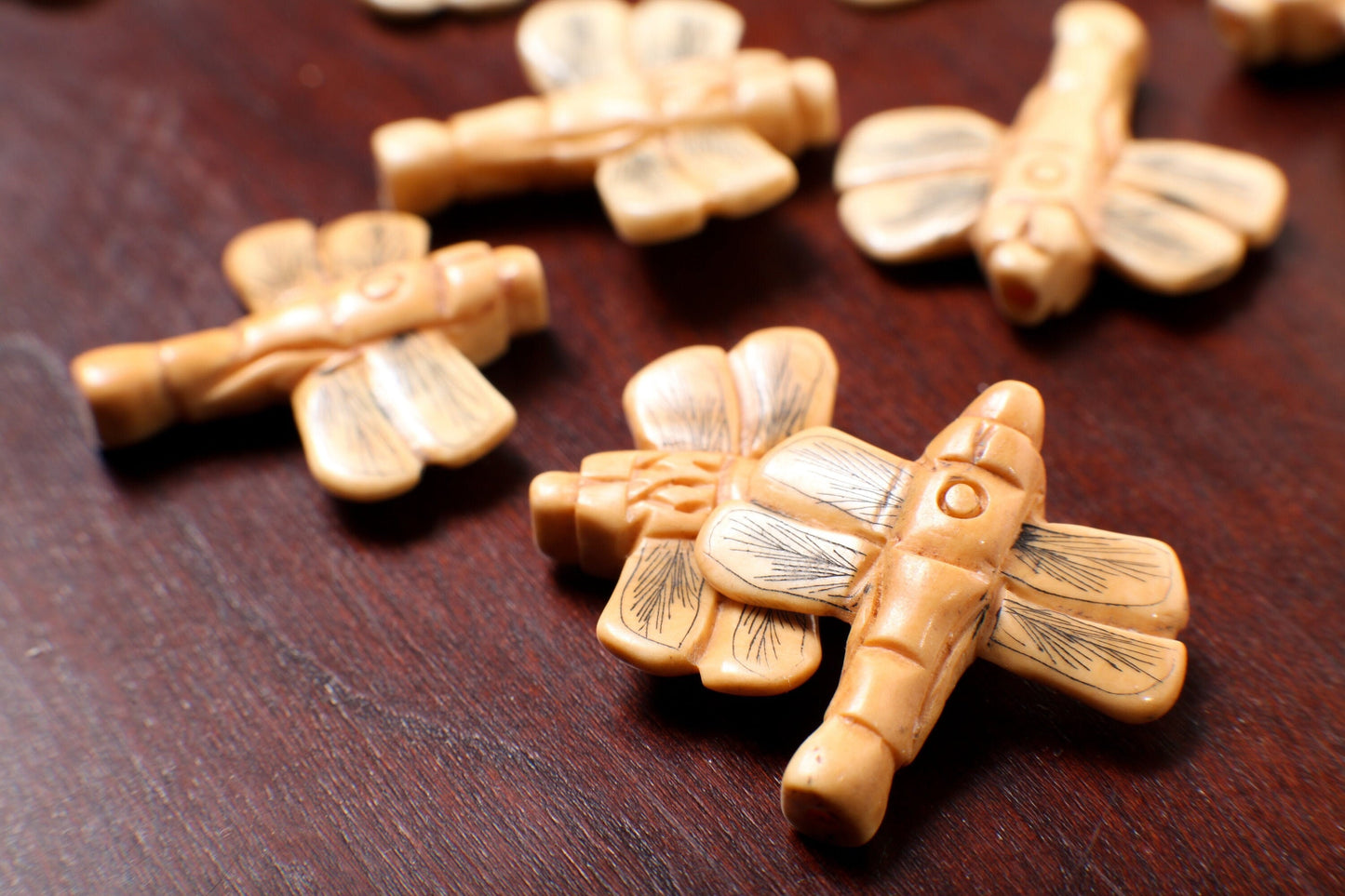 Carved Buffalo Bone Hand Carved Dragonfly, 30mm Double Sided, Drilled Bead Pendant, Art Deco