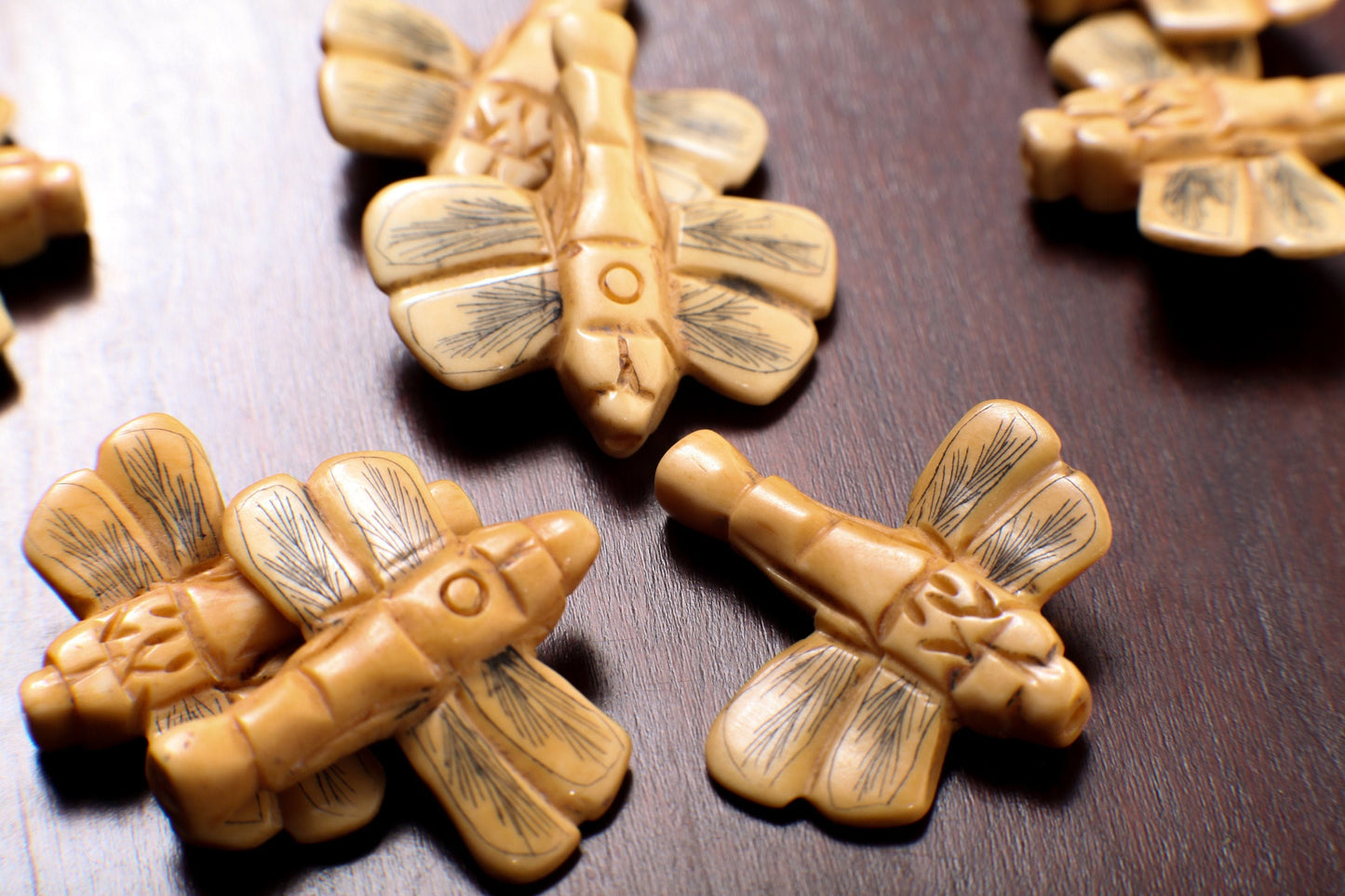 Carved Buffalo Bone Hand Carved Dragonfly, 30mm Double Sided, Drilled Bead Pendant, Art Deco