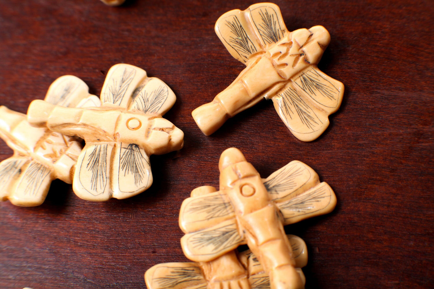 Carved Buffalo Bone Hand Carved Dragonfly, 30mm Double Sided, Drilled Bead Pendant, Art Deco