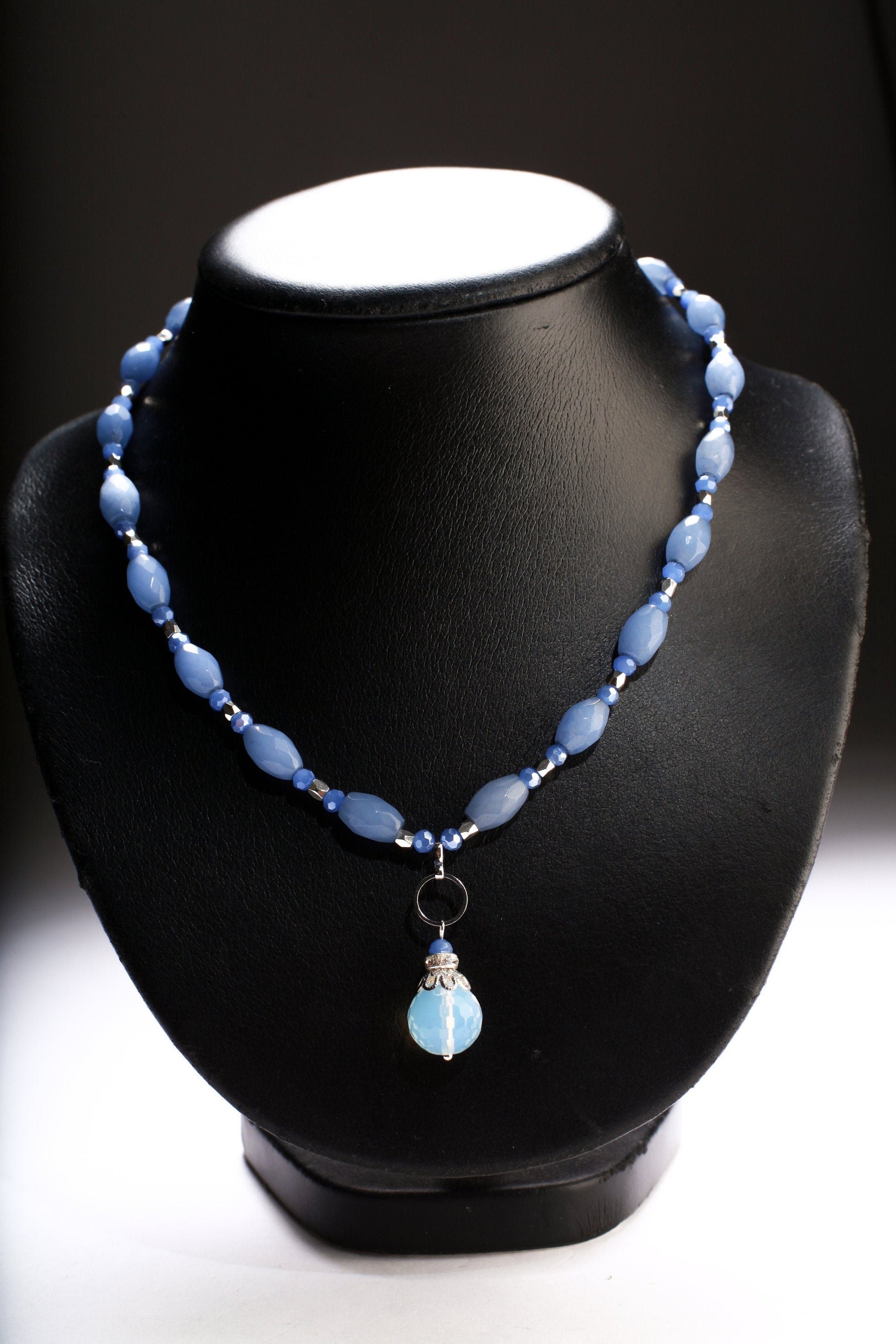 Blue Quartz Faceted Oval accent with Stunning Opalite pendant 18" Gemstones Necklace
