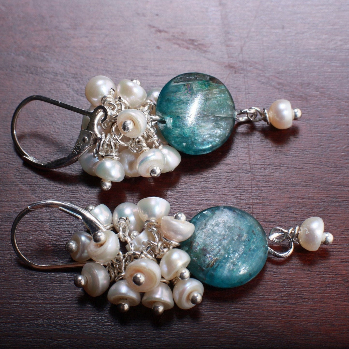 Natural Kyanite Coin Shape Dangling with Natural Fresh Water Pearl Clusters in .925 Sterling Silver Leverback Earring.