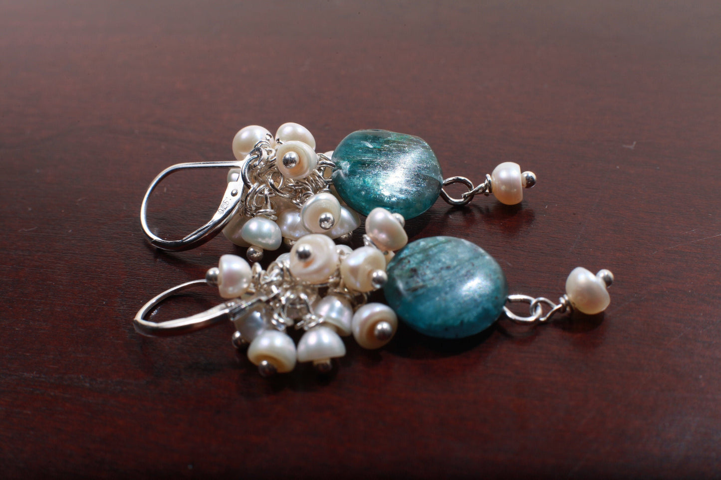 Natural Kyanite Coin Shape Dangling with Natural Fresh Water Pearl Clusters in .925 Sterling Silver Leverback Earring.