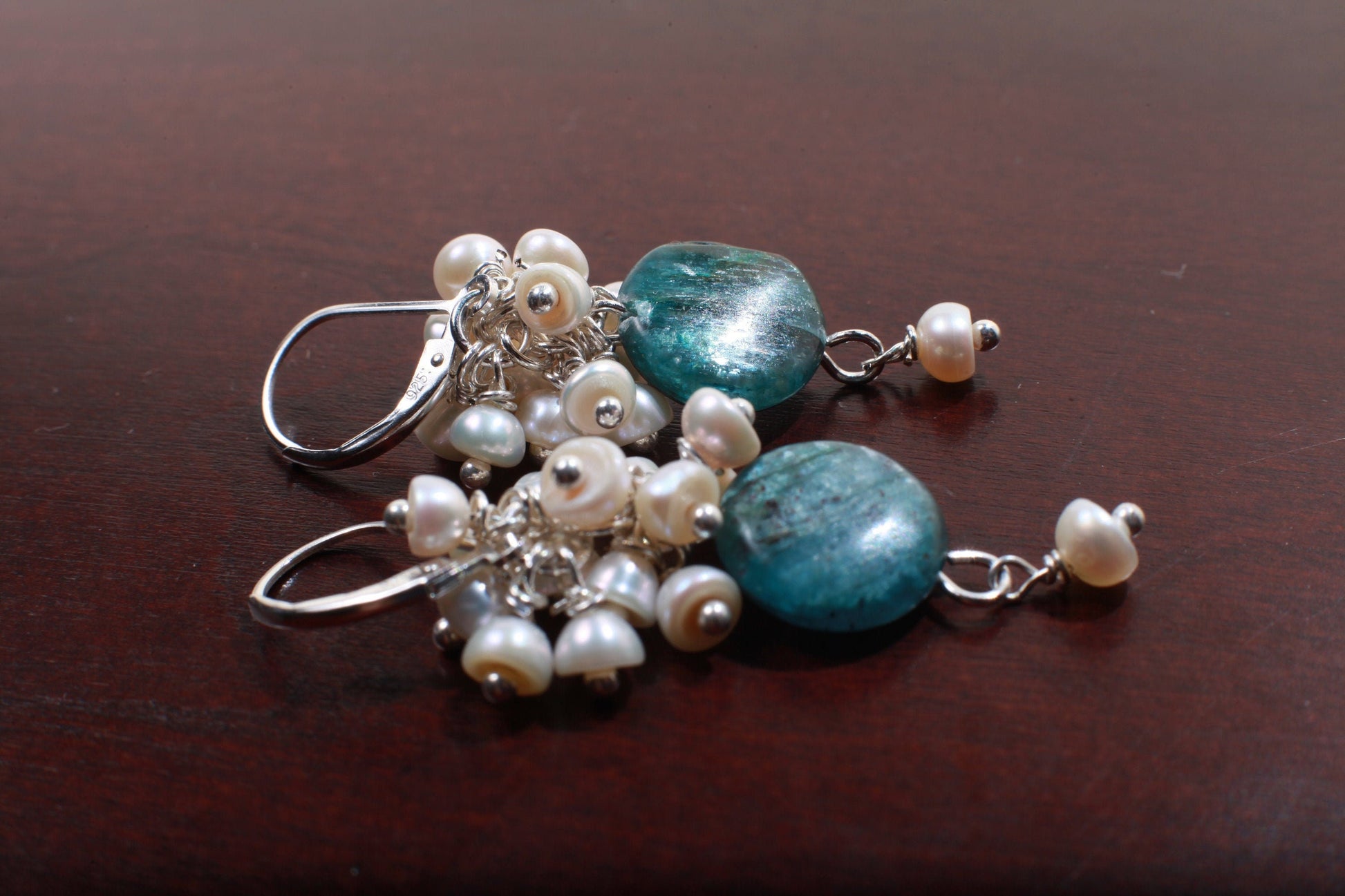 Natural Kyanite Coin Shape Dangling with Natural Fresh Water Pearl Clusters in .925 Sterling Silver Leverback Earring.