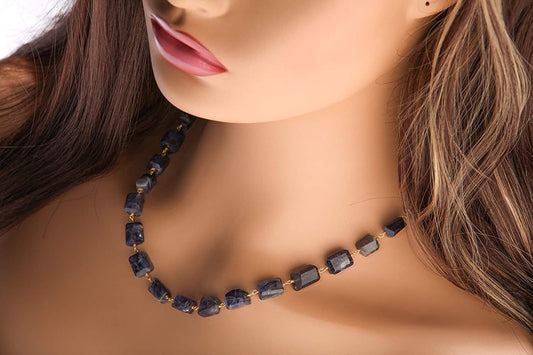 Genuine Iolite Free Form Raw Faceted Rectangular Pillars Wire Wrapped Necklace with Strong Magnetic Gold Ball Clasp 18"
