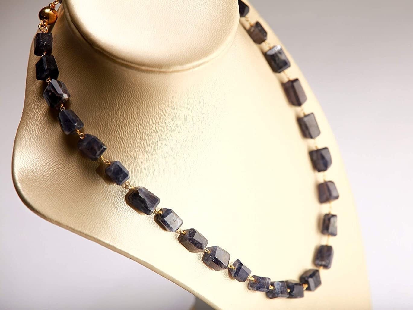 Genuine Iolite Free Form Raw Faceted Rectangular Pillars Wire Wrapped Necklace with Strong Magnetic Gold Ball Clasp 18"