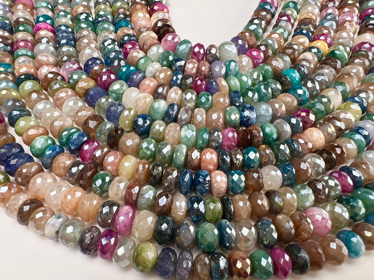 Natural multi Moonstone mystic faceted roundel,6.5-8mm AAA quality jewelry making beads, 6” , 12” strand