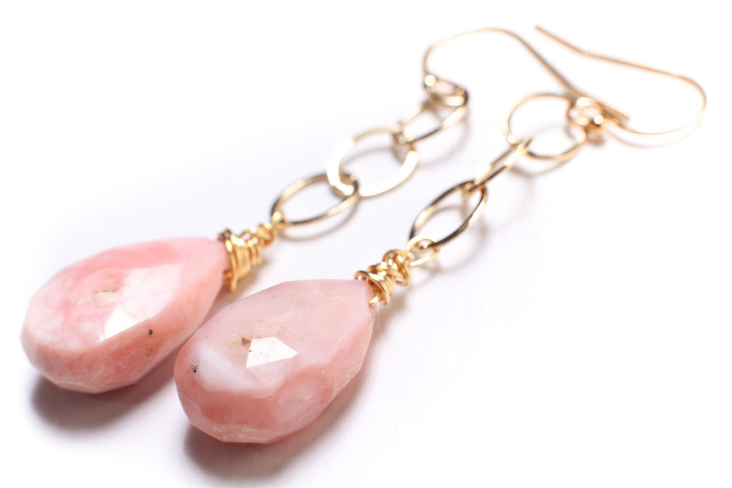 Pink Peruvian Opal Dangling Briolette Pear Drop 10x16mm with 14K Gold Filled or 925 Sterling Silver Chain & Ear Wire, Soothing Gem