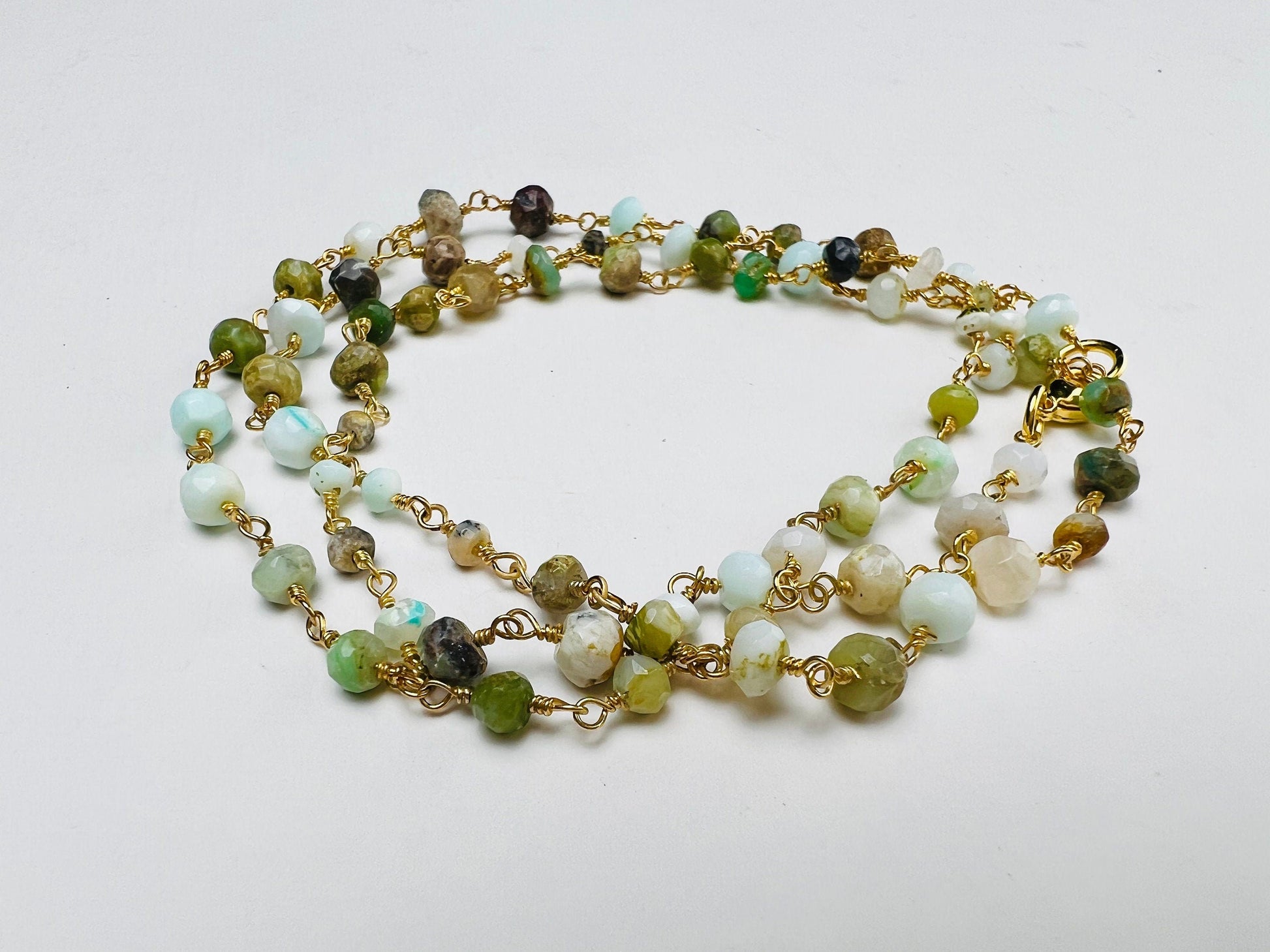 Peruvian Opal 4mm Faceted Rondelle Wire Wrapped Rosary Chain gold Necklace, choker, layering , Holiday Gift, 14"- 30". Very beautiful