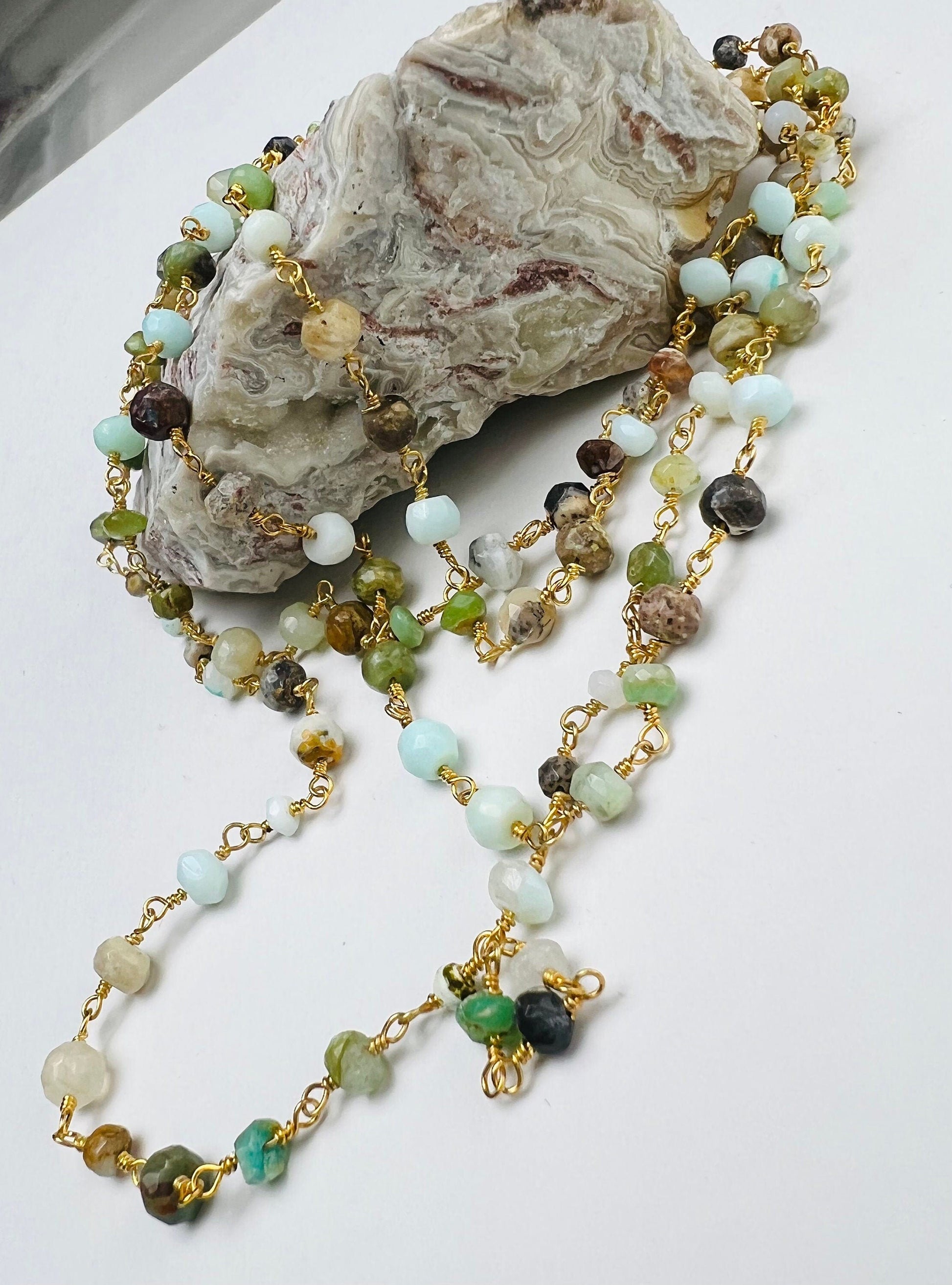 Peruvian Opal 4mm Faceted Rondelle Wire Wrapped Rosary Chain gold Necklace, choker, layering , Holiday Gift, 14&quot;- 30&quot;. Very beautiful