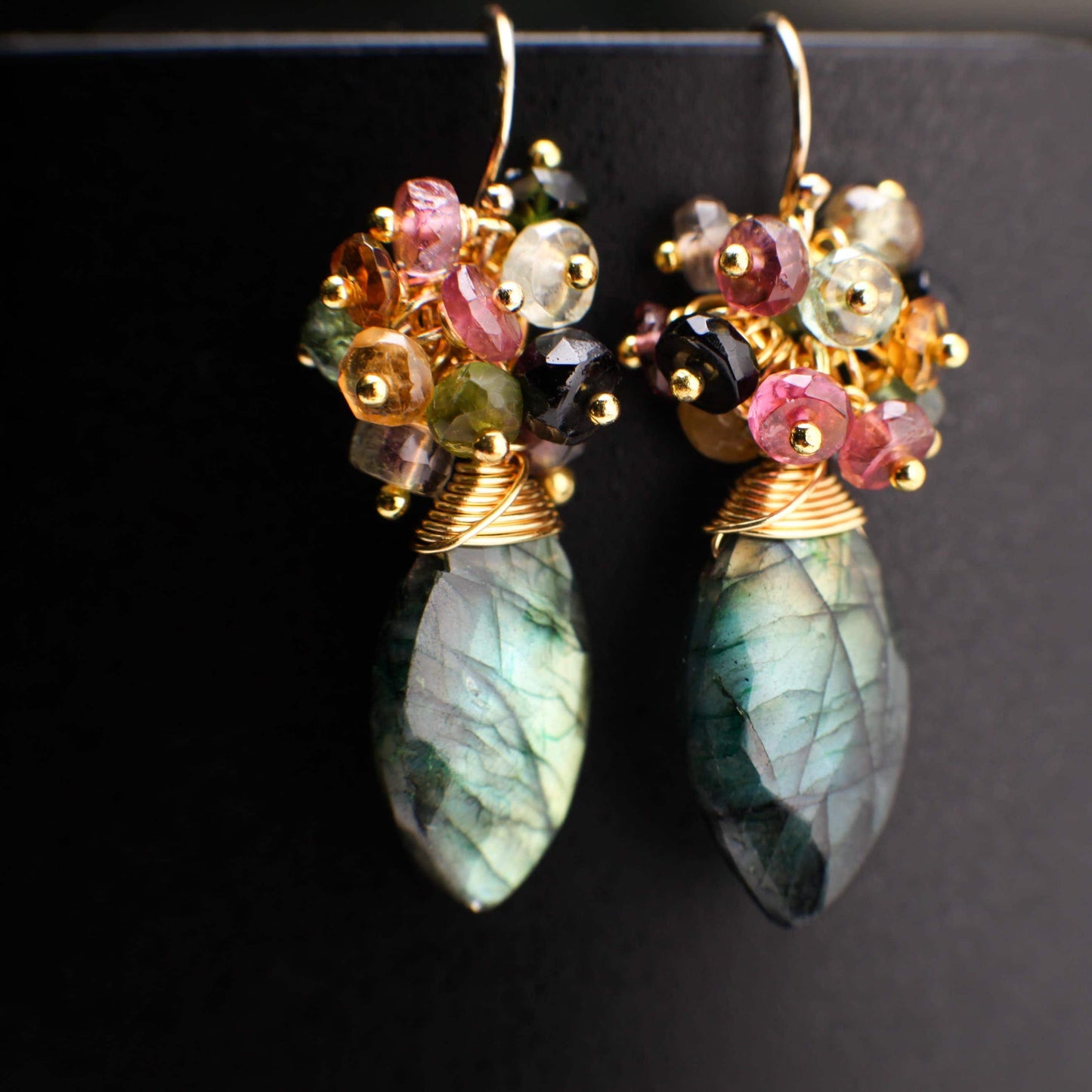 Labradorite Green Blue Flash with Watermelon Tourmaline Cluster 14k Gold Filled Earrings, Bridal, Boho, Beachwear, Handmade Gift