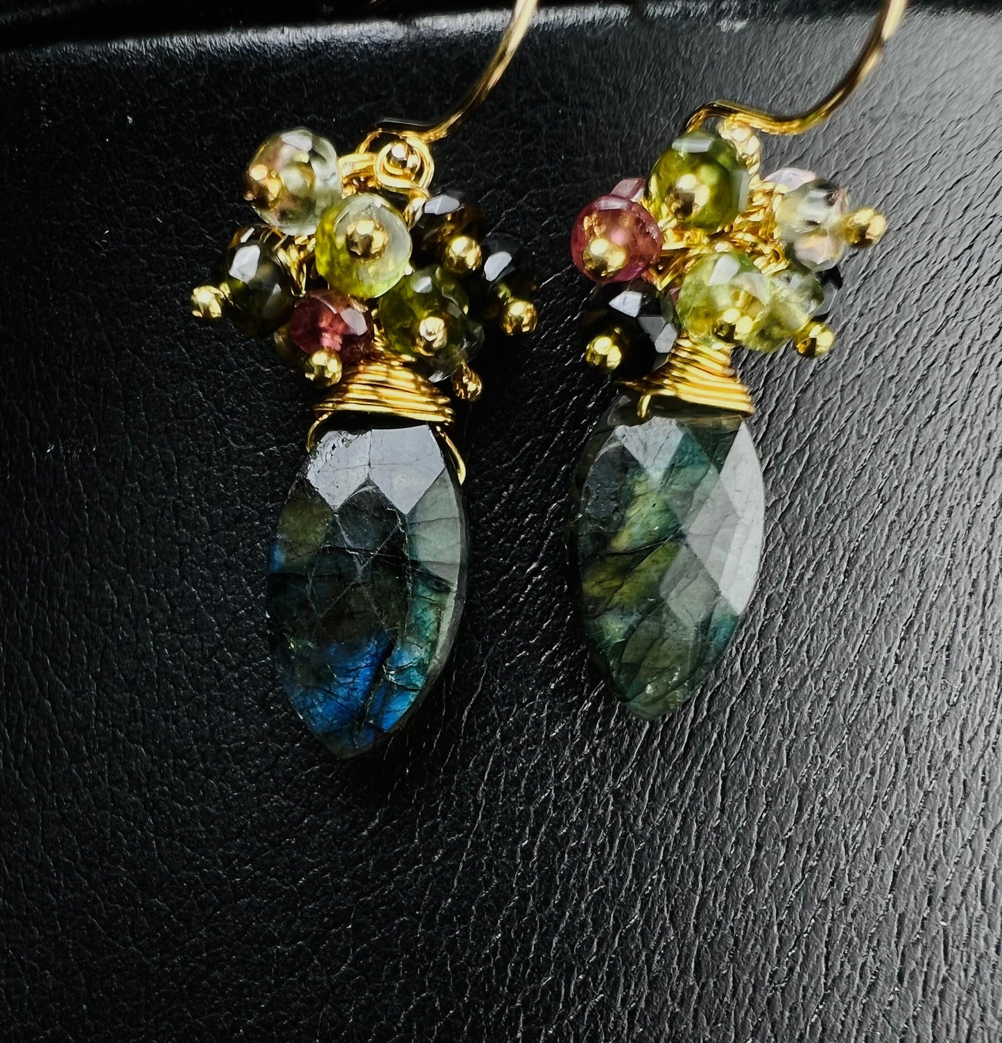 Labradorite Green Blue Flash with Watermelon Tourmaline Cluster 14k Gold Filled Earrings, Bridal, Boho, Beachwear, Handmade Gift