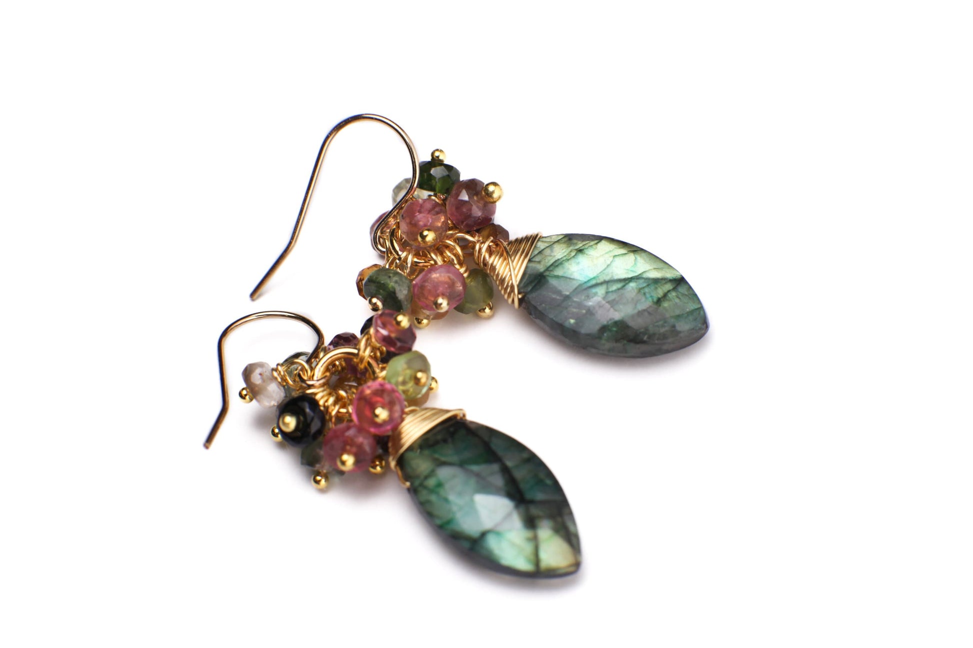 Labradorite Green Blue Flash with Watermelon Tourmaline Cluster 14k Gold Filled Earrings, Bridal, Boho, Beachwear, Handmade Gift