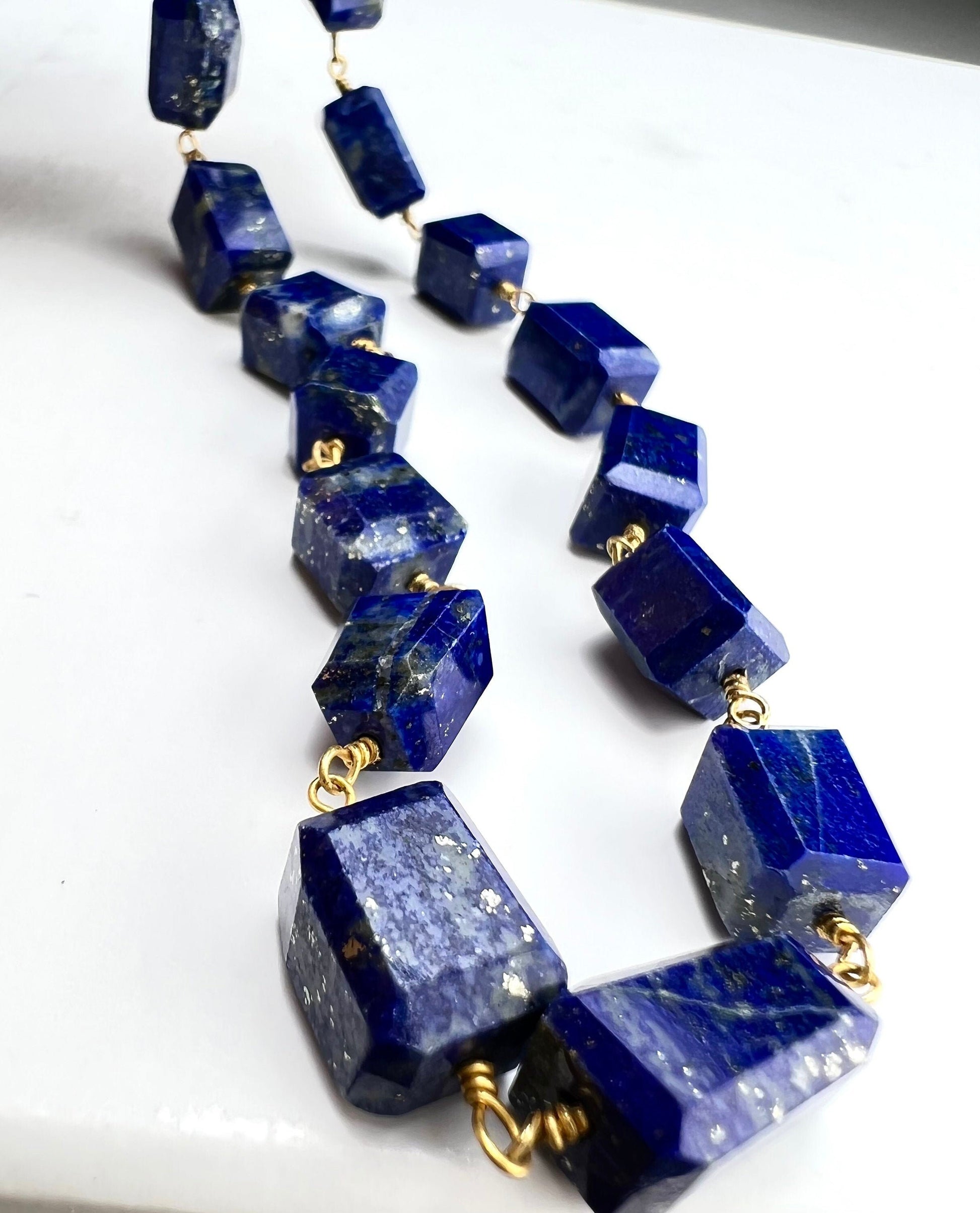 Genuine Lapis Lazuli Free Form Raw Faceted Rectangular 9-12mm Pillars Wire Wrapped gold Necklace Strong Magnetic Clasp,chakra healing gift