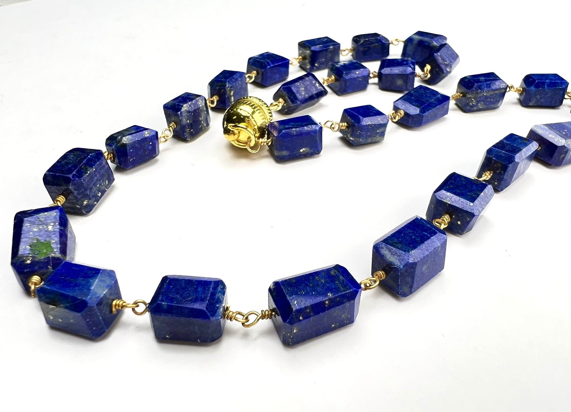 Genuine Lapis Lazuli Free Form Raw Faceted Rectangular 9-12mm Pillars Wire Wrapped gold Necklace Strong Magnetic Clasp,chakra healing gift