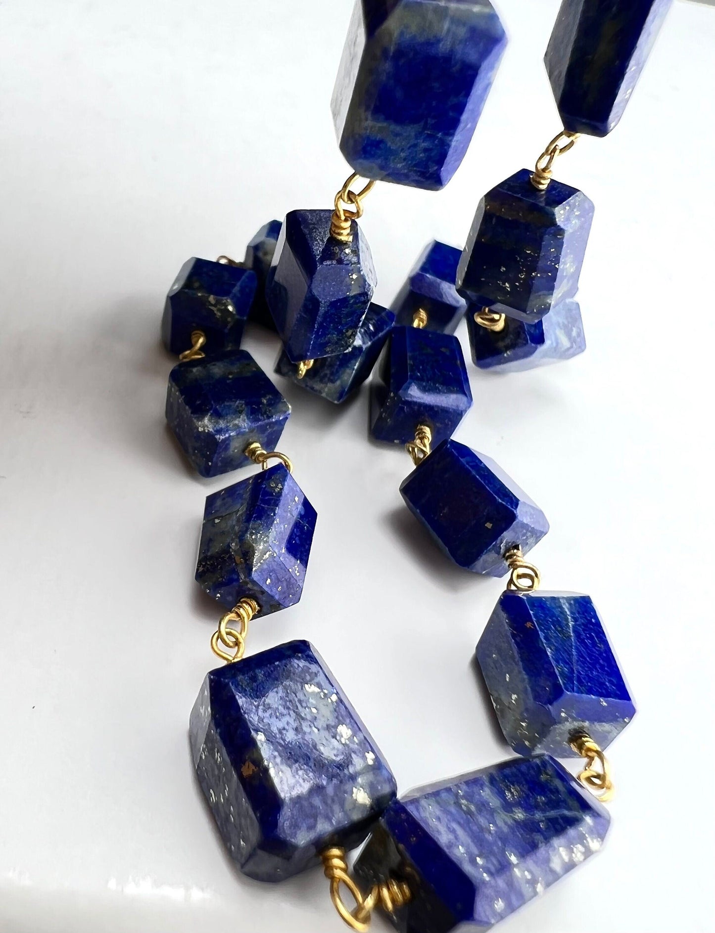 Genuine Lapis Lazuli Free Form Raw Faceted Rectangular 9-12mm Pillars Wire Wrapped gold Necklace Strong Magnetic Clasp,chakra healing gift