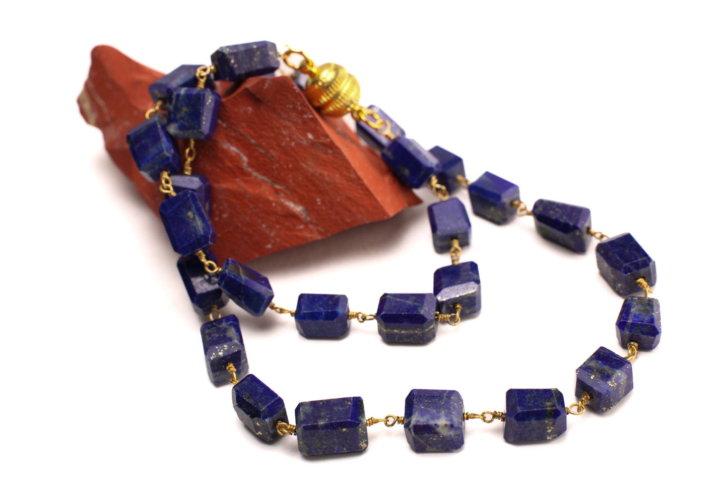 Genuine Lapis Lazuli Free Form Raw Faceted Rectangular 9-12mm Pillars Wire Wrapped gold Necklace Strong Magnetic Clasp,chakra healing gift