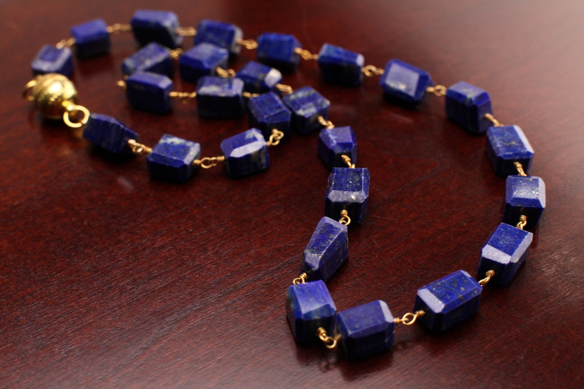 Genuine Lapis Lazuli Free Form Raw Faceted Rectangular 9-12mm Pillars Wire Wrapped gold Necklace Strong Magnetic Clasp,chakra healing gift