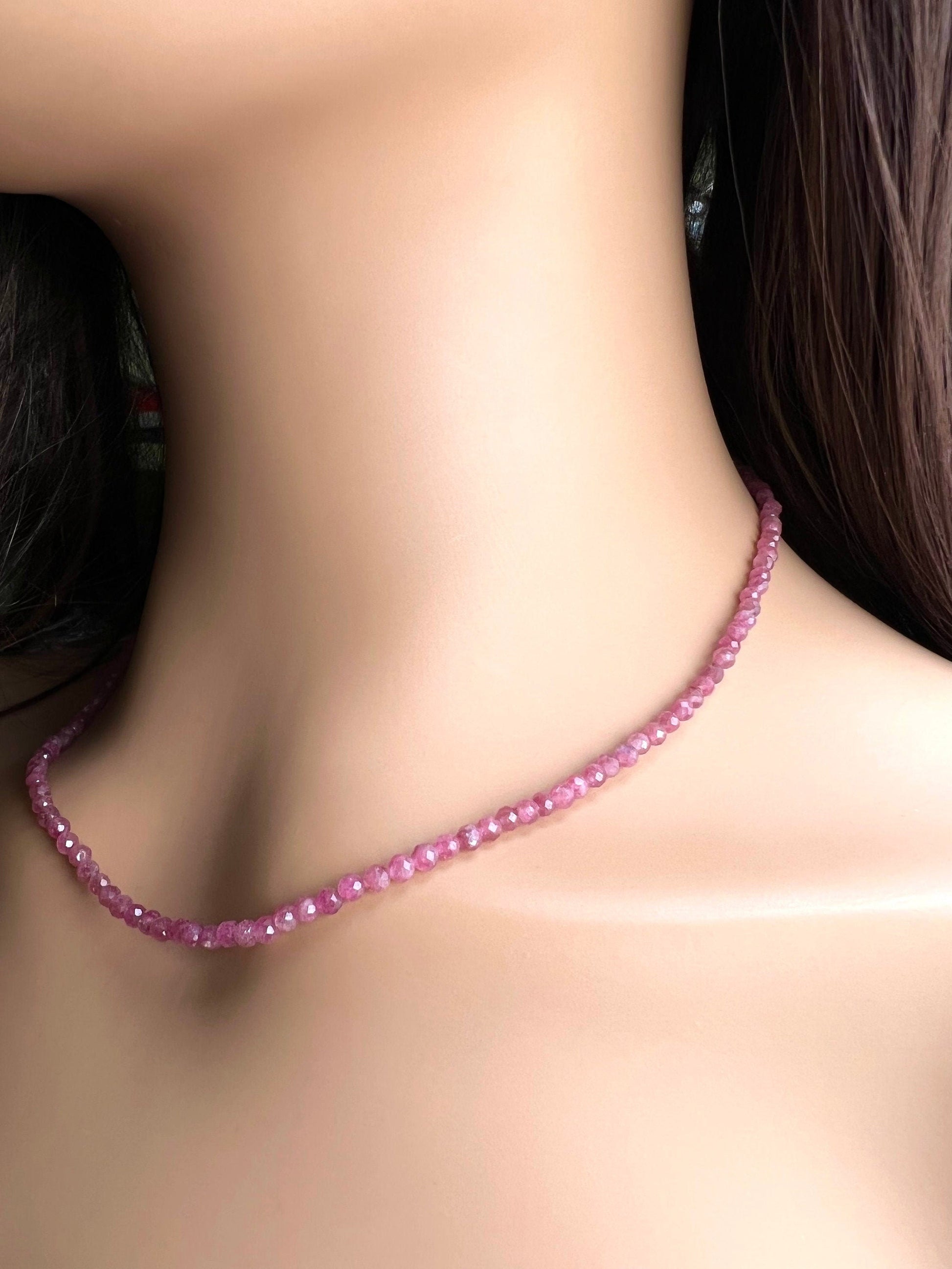 Natural Pink Tourmaline 2.5mm Faceted Round in 925 Sterling Silver Handmade necklace Healing, Energy, Precious Gift