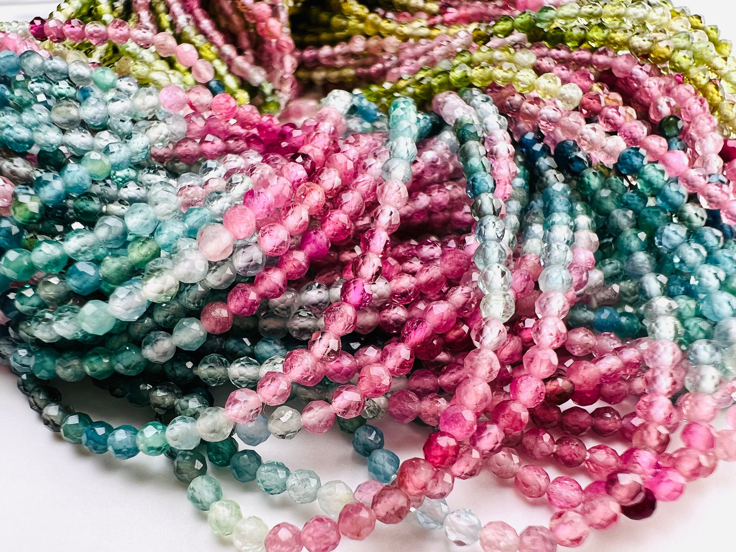 Multi Tourmaline shaded 2mm Faceted Round 12&quot; Strand bead, beautiful pink blue green multi shaded natural watermelon tourmaline bead.