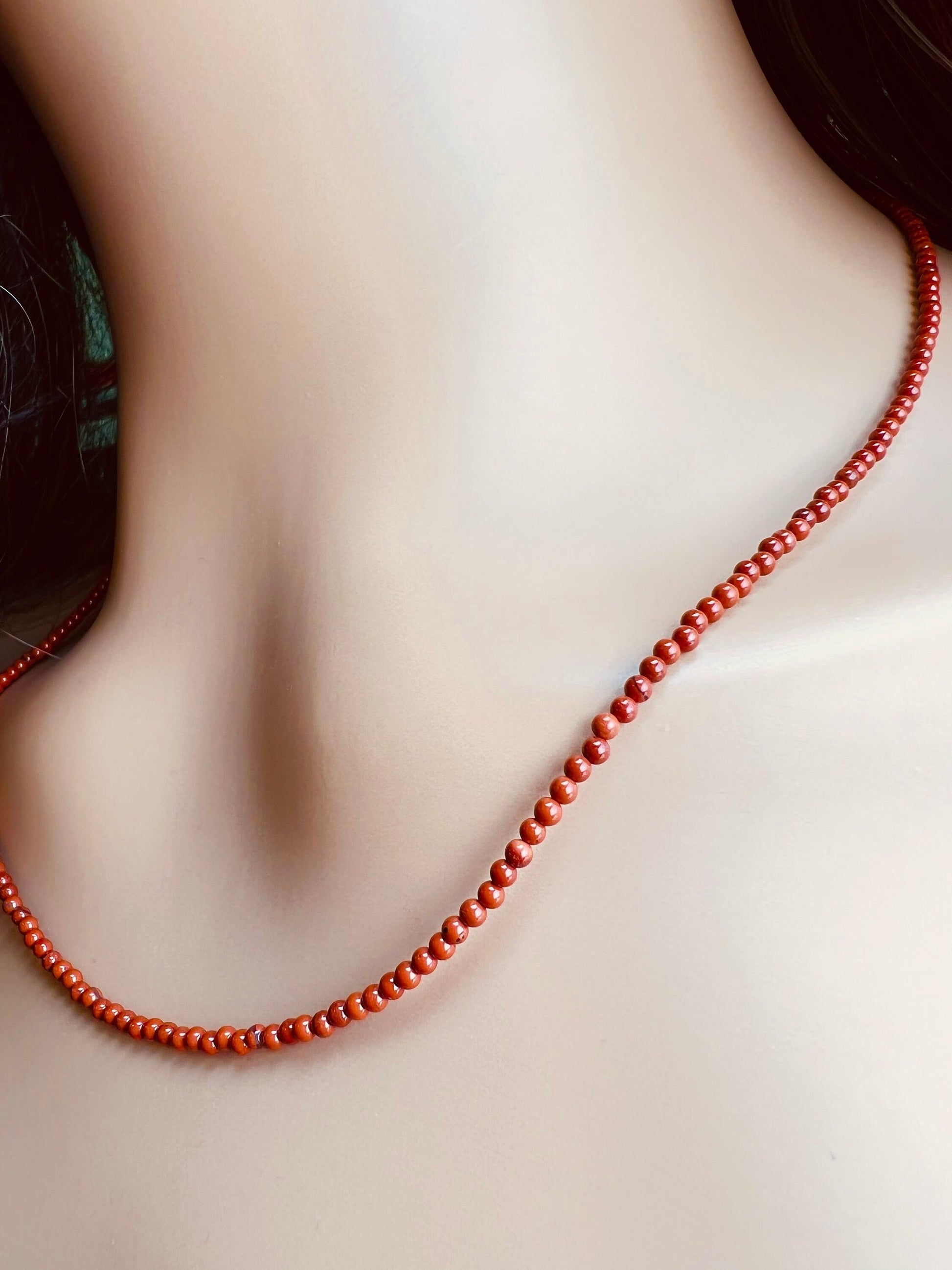 Natural Red Jasper 2mm Smooth Round Choker Layering Necklace, Handmade, Energy, Minimalist, Gift