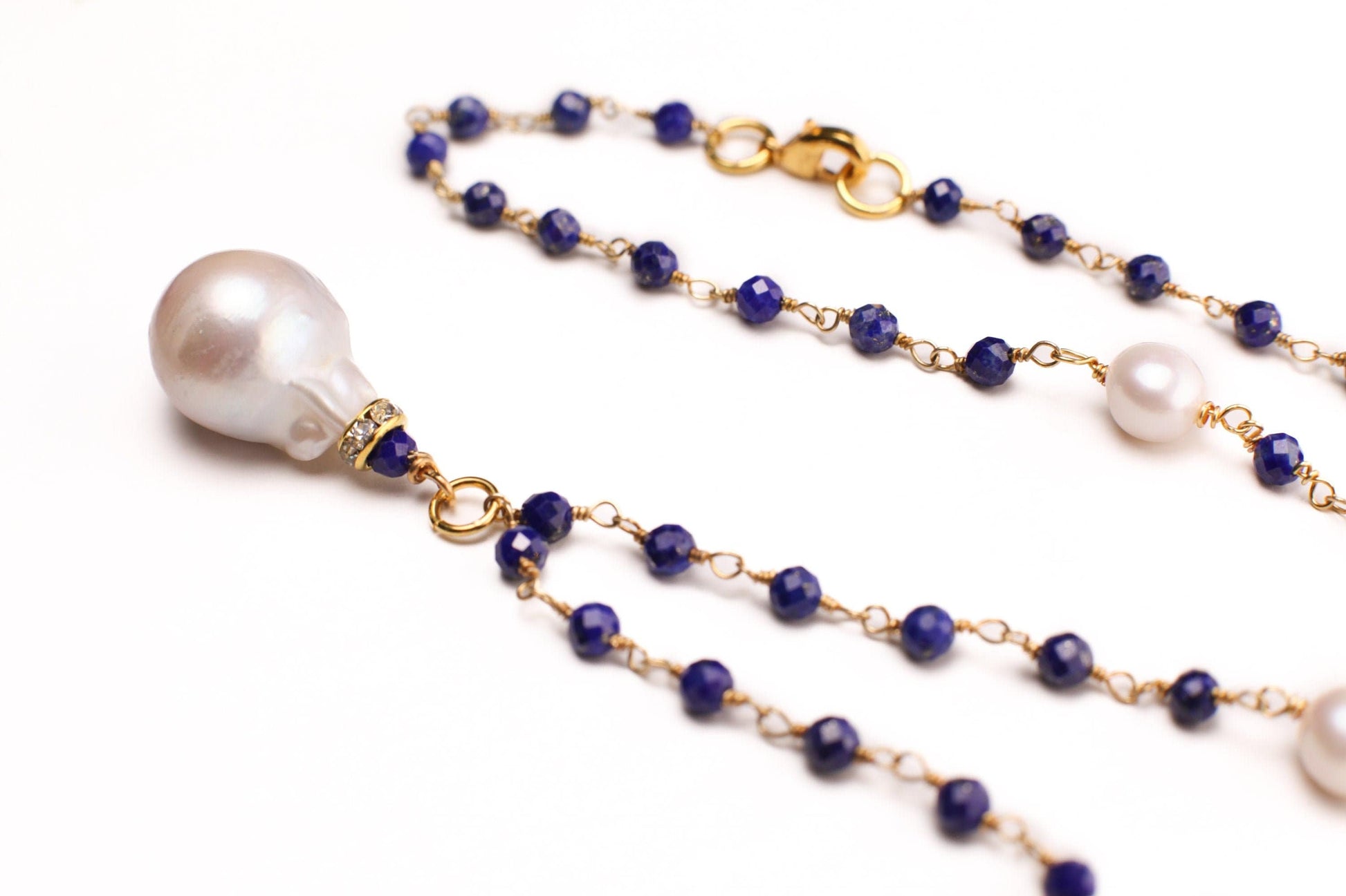 Lapis Lazuli 3mm Faceted Chain, Dangling Freshwater Baroque Pearl Pendant, Spacer 7mm Freshwater Potato Pearl Gold Elegant Necklace, gift