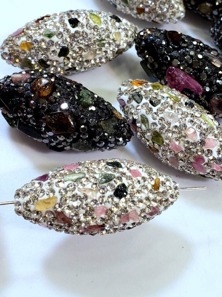 Natural Tourmaline Rhinestone Pave Crystal Black and Silver , gold Bead, Center Drilled , 15x36mm Sparkly Bead, Spacer or Focal Bead