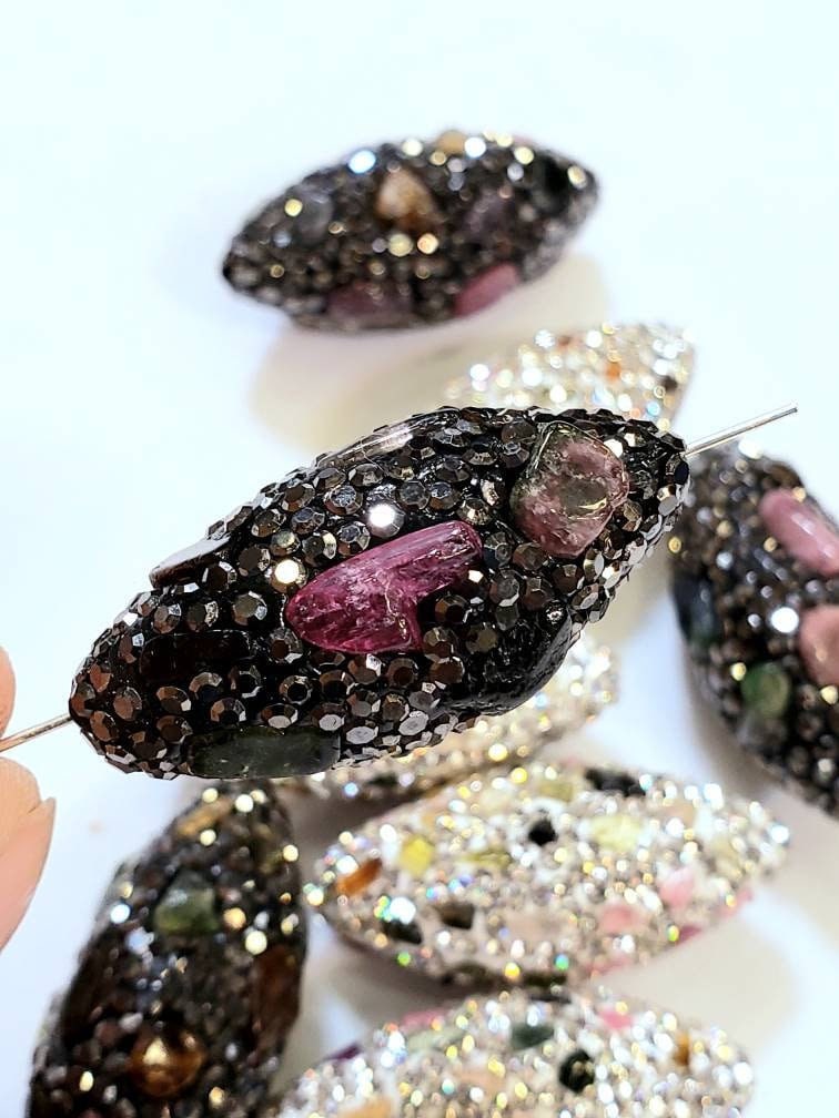 Natural Tourmaline Rhinestone Pave Crystal Black and Silver , gold Bead, Center Drilled , 15x36mm Sparkly Bead, Spacer or Focal Bead