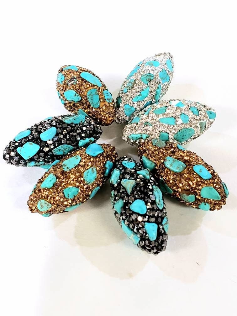 Natural blue turquoise freeform beads inlaid with rhinestone crystal micro pave 15x32mm oval focal bead, black gold & silver 3 color, 1piece