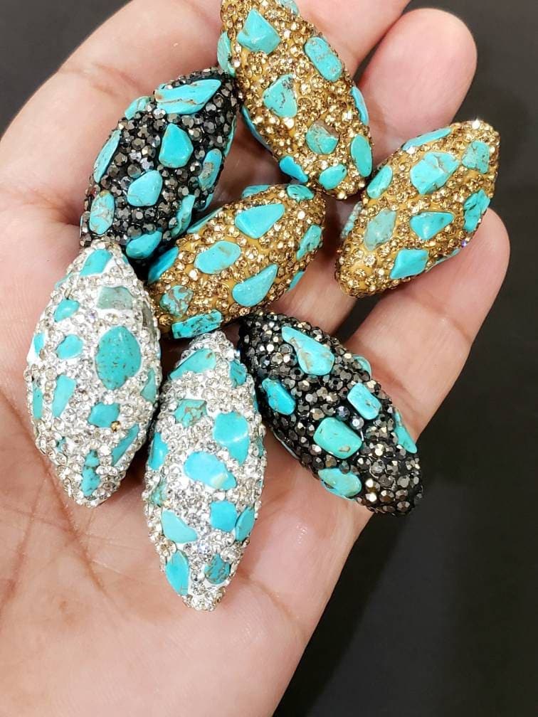 Natural blue turquoise freeform beads inlaid with rhinestone crystal micro pave 15x32mm oval focal bead, black gold & silver 3 color, 1piece