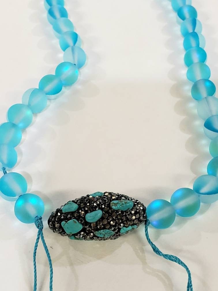 Natural blue turquoise freeform beads inlaid with rhinestone crystal micro pave 15x32mm oval focal bead, black gold & silver 3 color, 1piece
