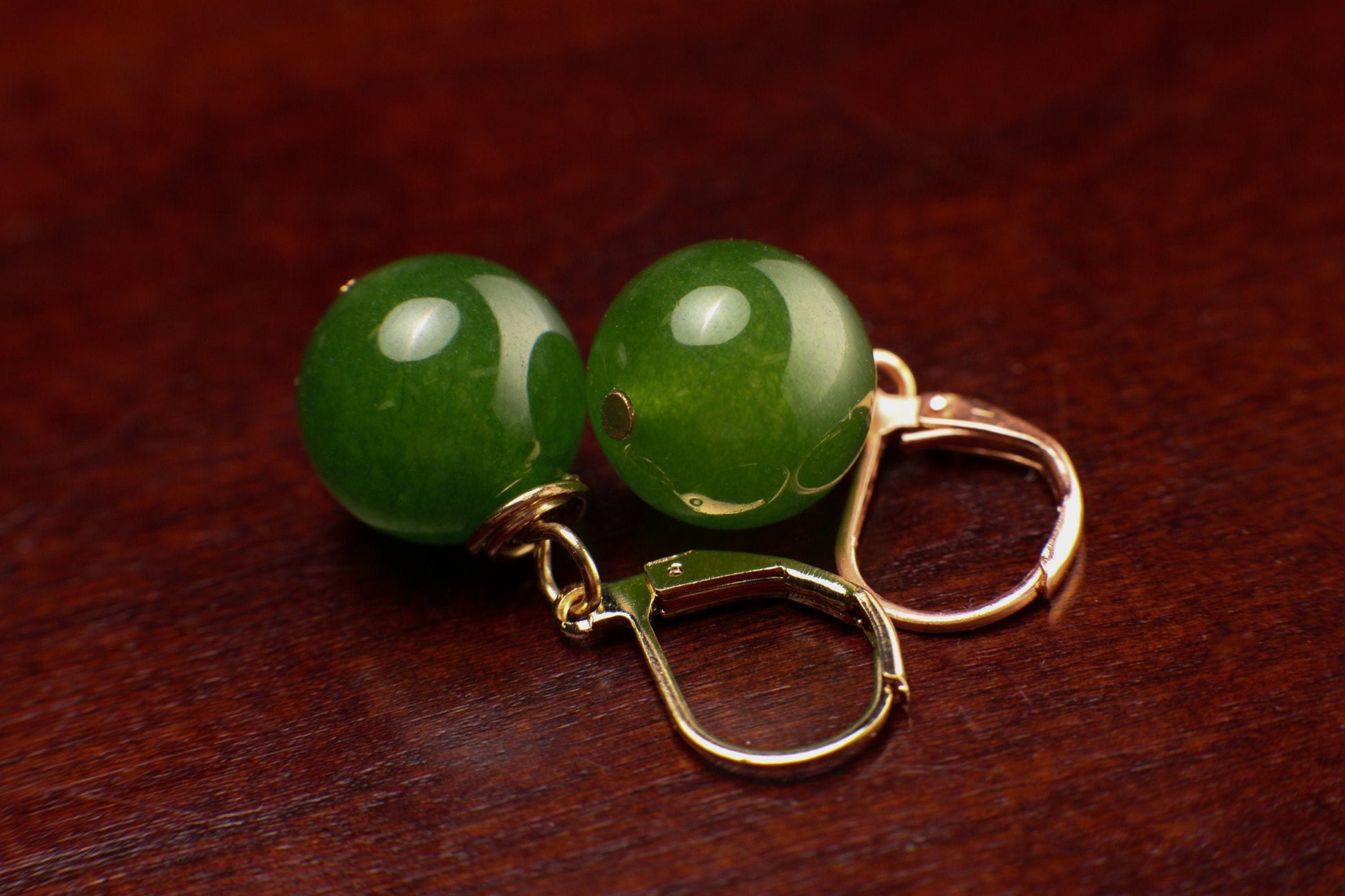 Natural Green Nephrite Canadian Jade 13-14mm round handmade Leverback earrings in Silver, Gold, Rose Gold, Victorian elegant minimalist Gift