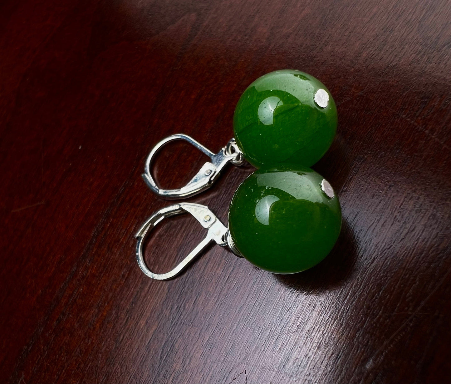 Natural Green Nephrite Canadian Jade 13-14mm round handmade Leverback earrings in Silver, Gold, Rose Gold, Victorian elegant minimalist Gift