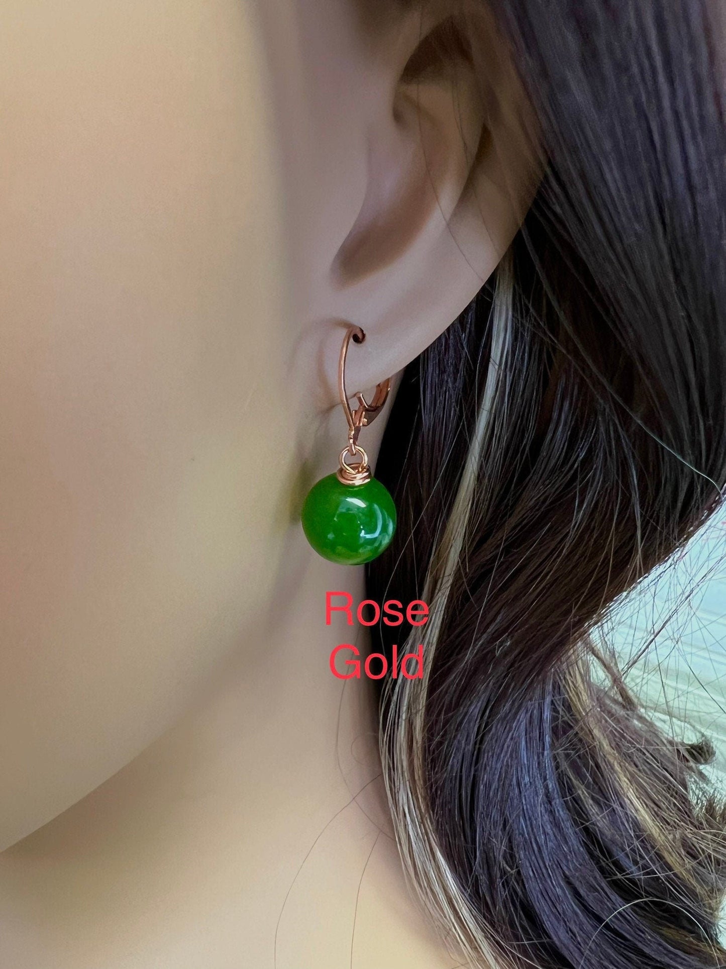 Natural Green Nephrite Canadian Jade 13-14mm round handmade Leverback earrings in Silver, Gold, Rose Gold, Victorian elegant minimalist Gift