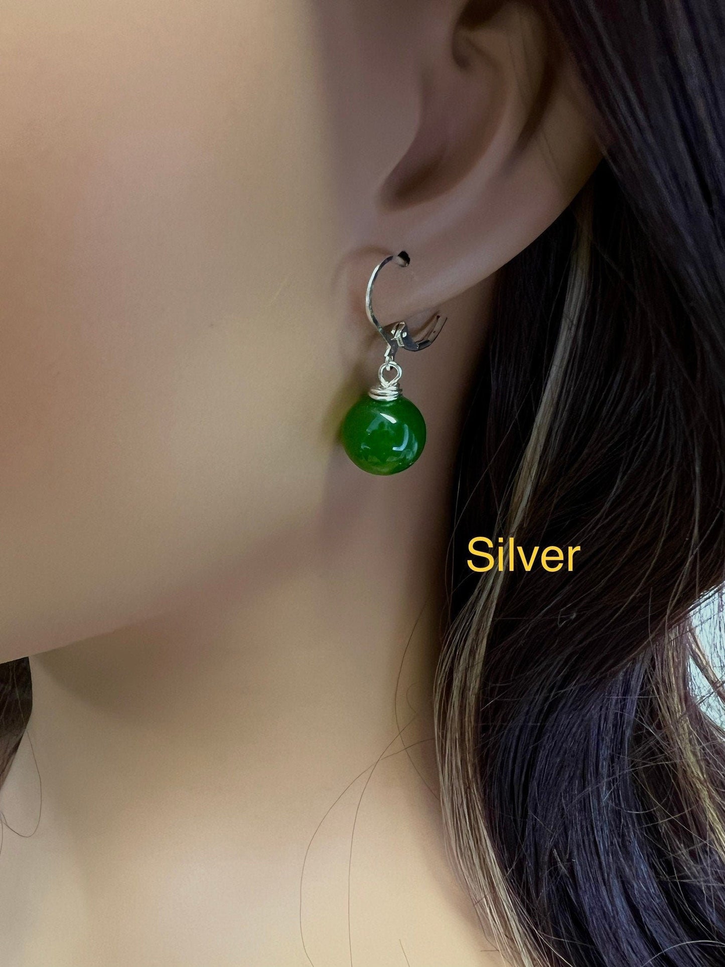 Natural Green Nephrite Canadian Jade 13-14mm round handmade Leverback earrings in Silver, Gold, Rose Gold, Victorian elegant minimalist Gift