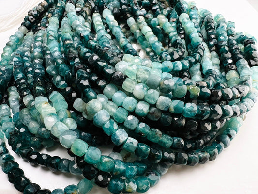 Natural Grandidierite cube shape 4-5mm Faceted teal Green Shaded square dice bead, rare jewelry making beads art deco 6”, 12.25&quot; strand