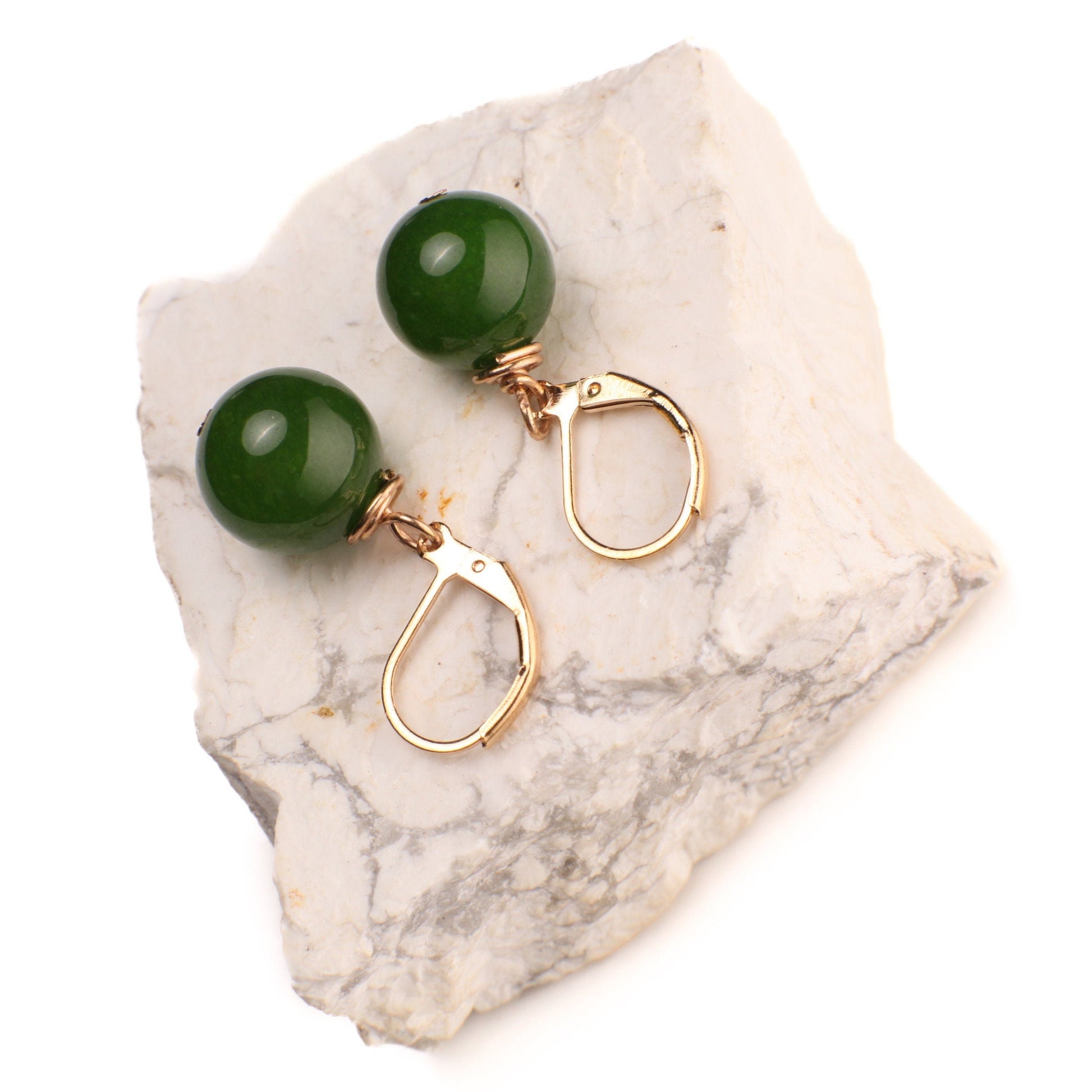 Natural Green Nephrite Canadian Jade 13-14mm round handmade Leverback earrings in Silver, Gold, Rose Gold, Victorian elegant minimalist Gift