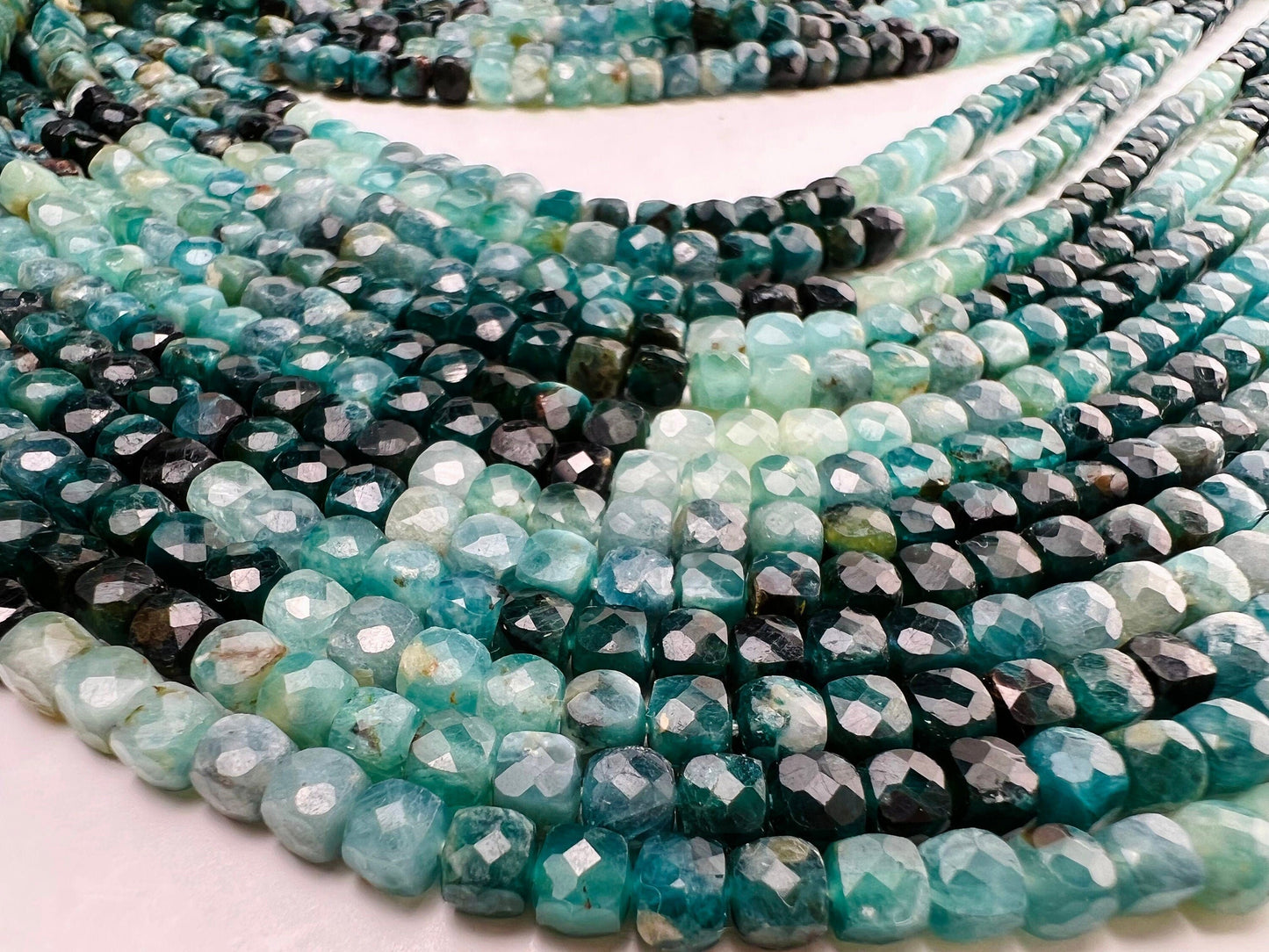 Natural Grandidierite cube shape 4-5mm Faceted teal Green Shaded square dice bead, rare jewelry making beads art deco 6”, 12.25&quot; strand