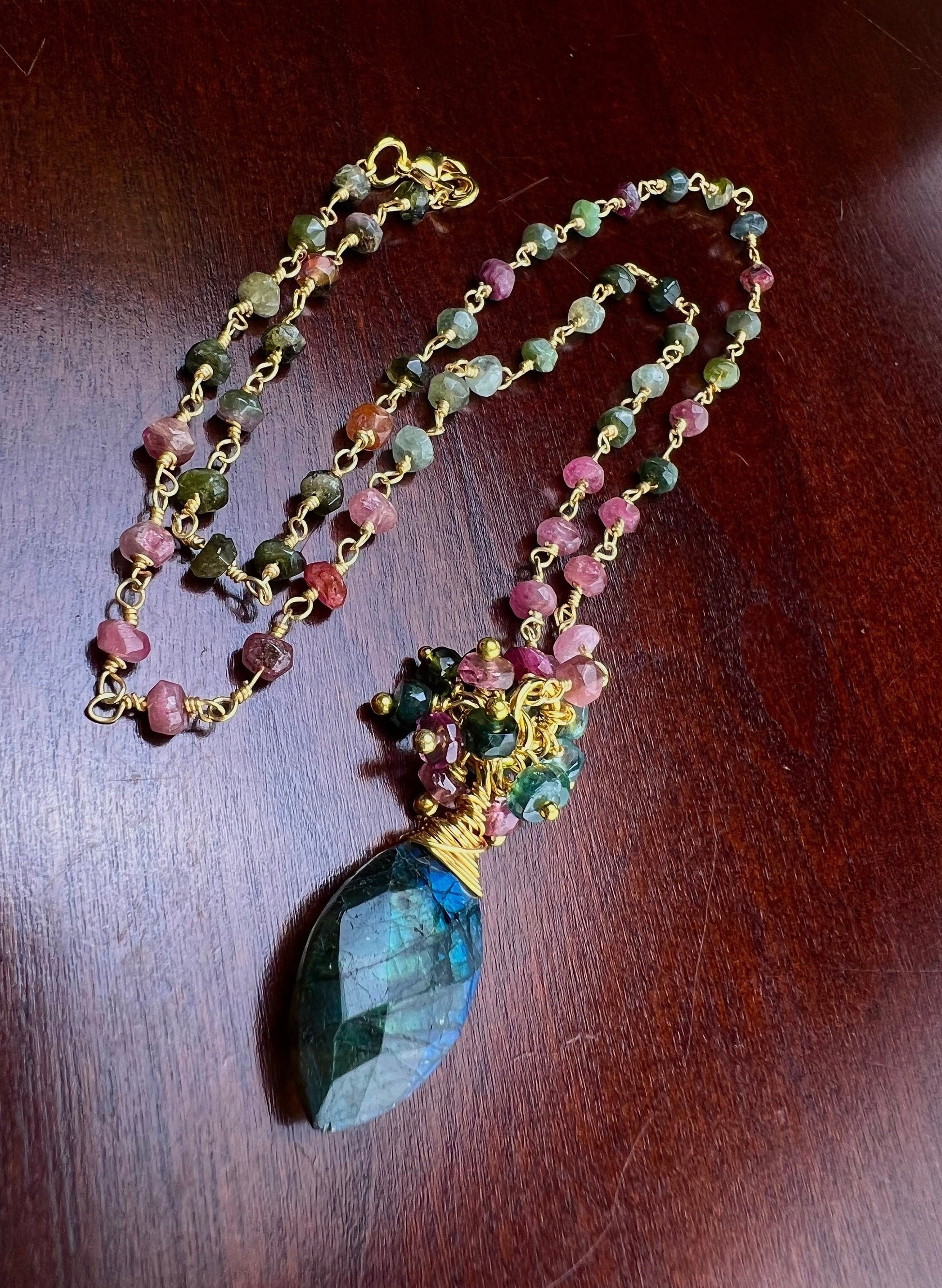 Labradorite Green Blue Flash with Watermelon Tourmaline Cluster pendant with multi Tourmaline chain gold Necklace Boho, Beachwear gift