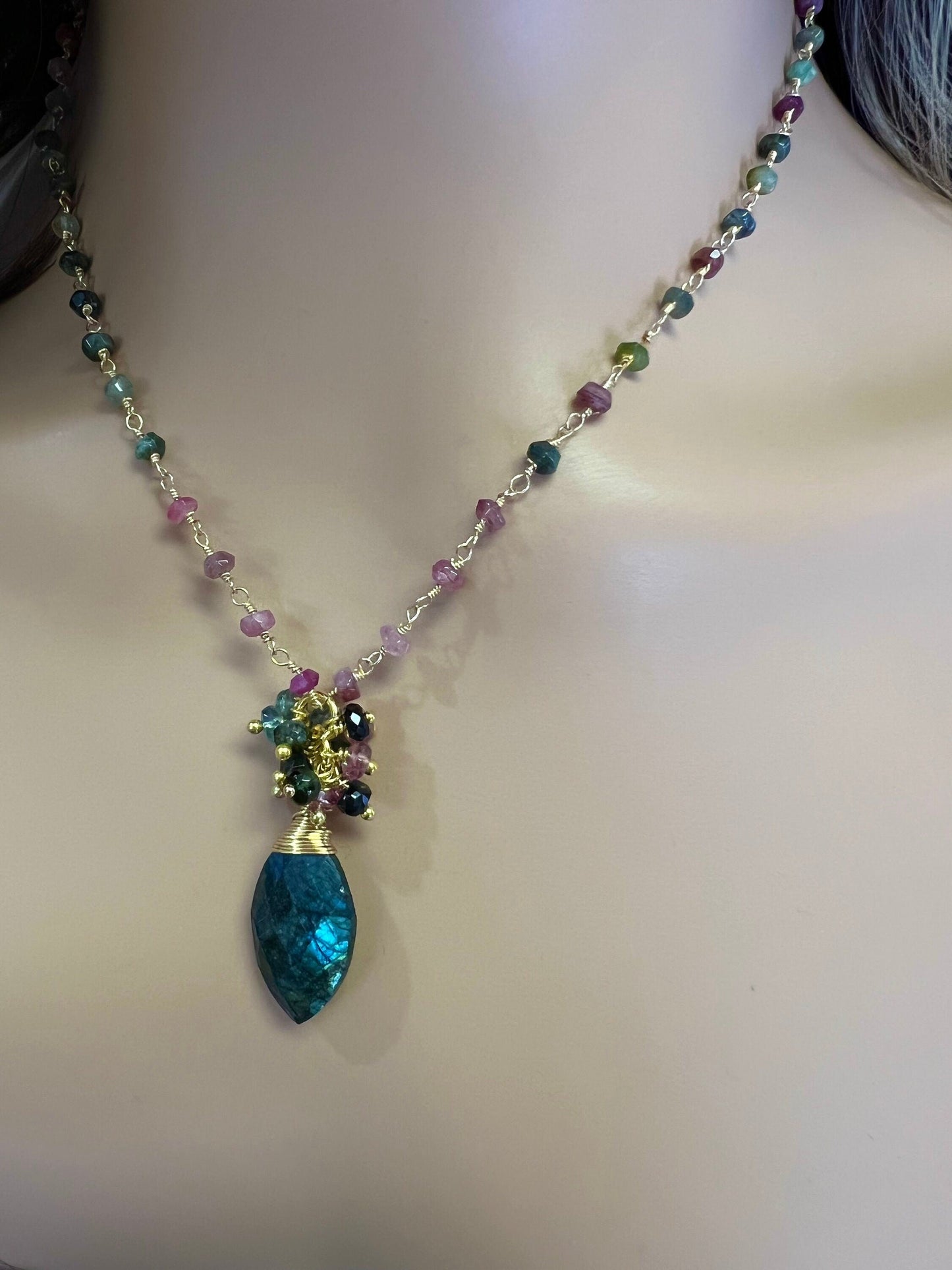 Labradorite Green Blue Flash with Watermelon Tourmaline Cluster pendant with multi Tourmaline chain gold Necklace Boho, Beachwear gift