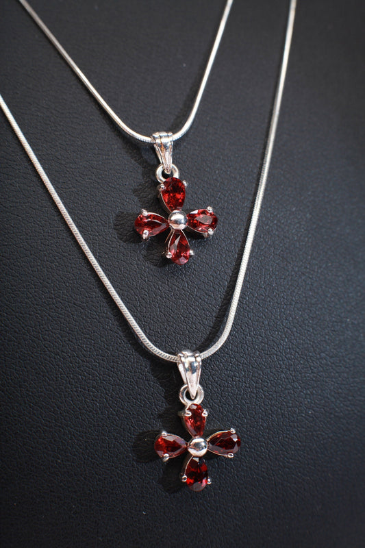 Genuine Garnet Sterling Silver Flower Cluster Charm with .925 Italian Sterling Silver Snake Chain, Choice of 16" or 18"
