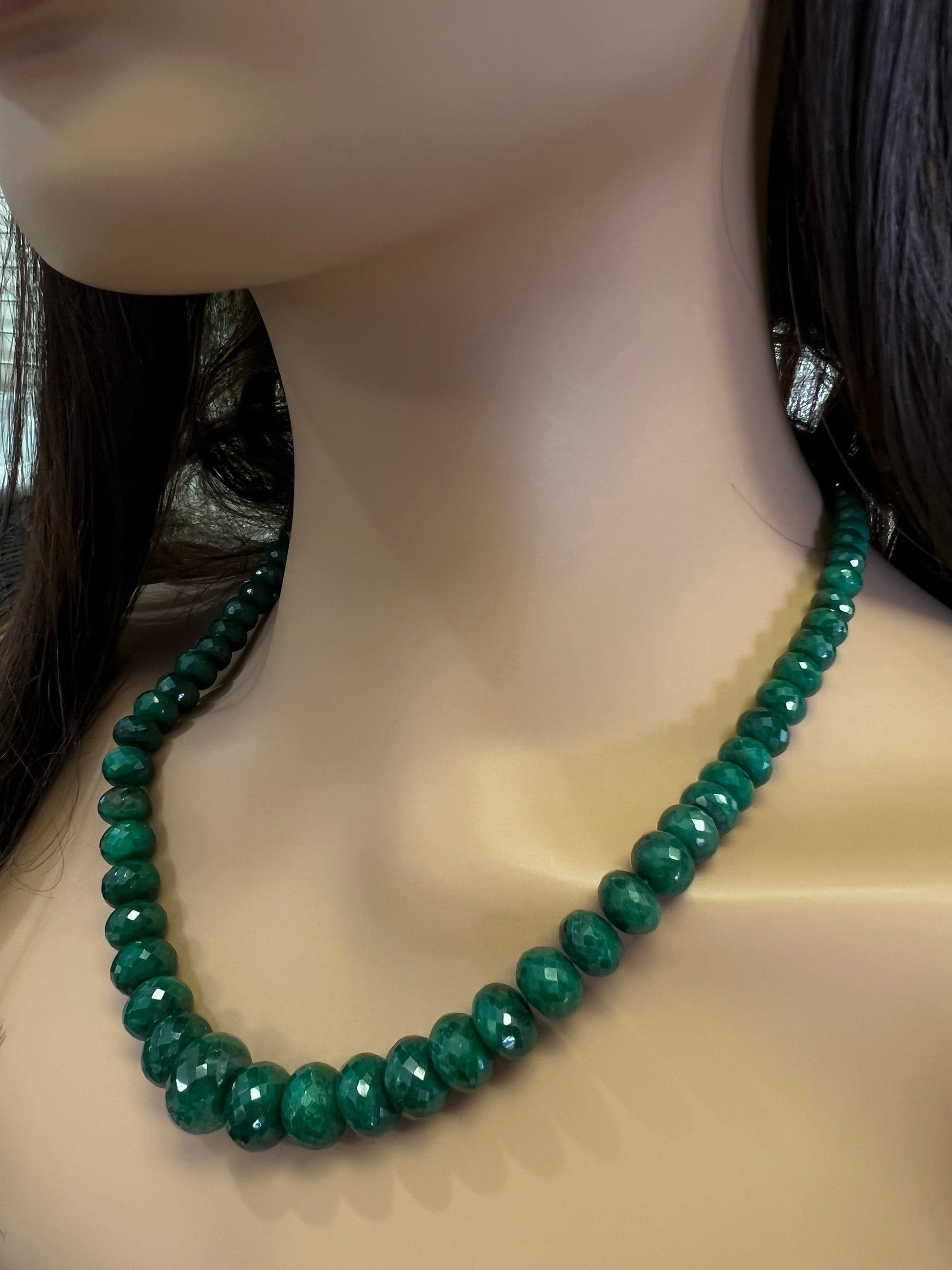 Genuine Zambian Emerald Dark green 7-16mm large Faceted Roundel Gemstone 16&quot; Necklace with 9&quot; Adjustable thread,May Birthstone,Gift 471 ct