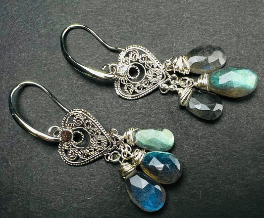 Natural Labradorite 5x10mm Faceted Drop Wire wrapped Chandelier Heart Filigree Rhodium Silver Earrings