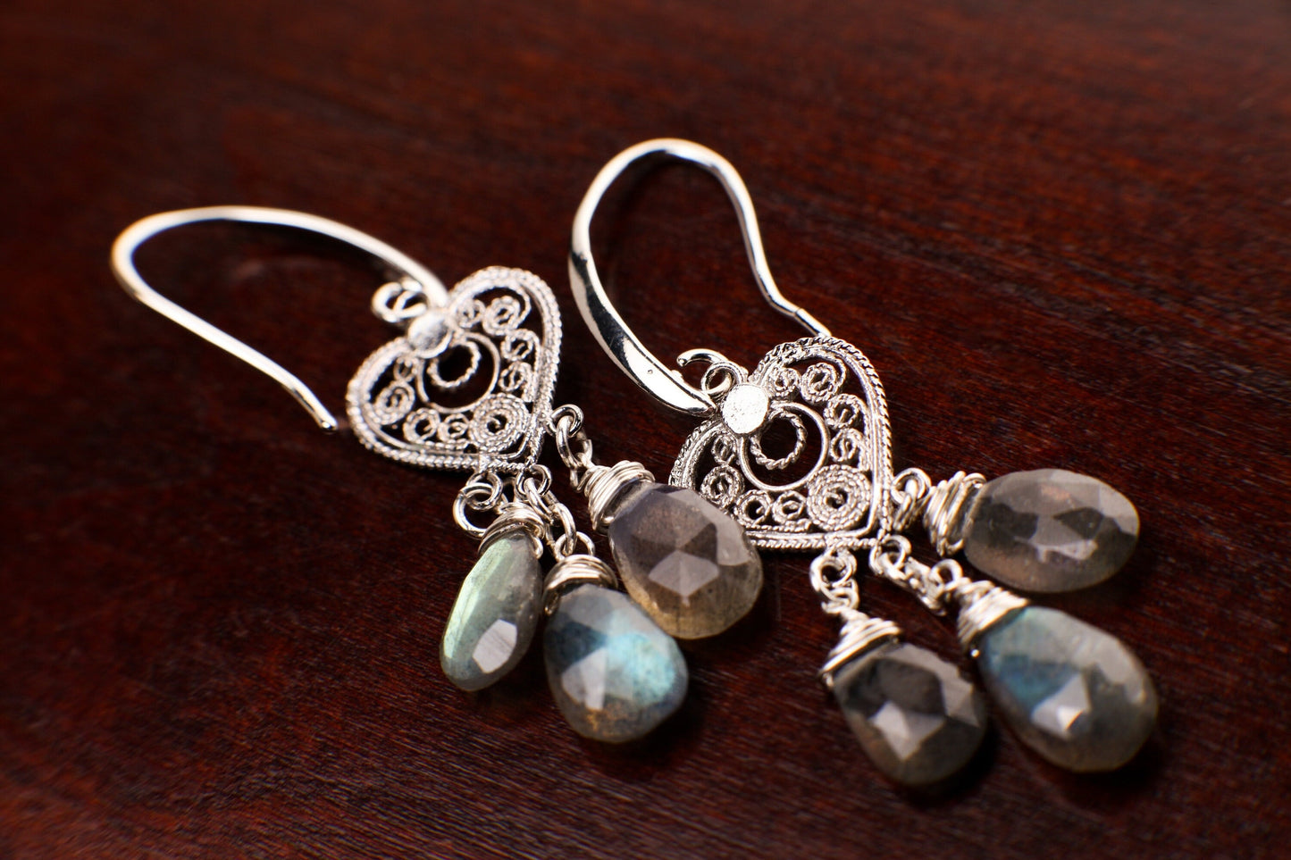 Natural Labradorite 5x10mm Faceted Drop Wire wrapped Chandelier Heart Filigree Rhodium Silver Earrings