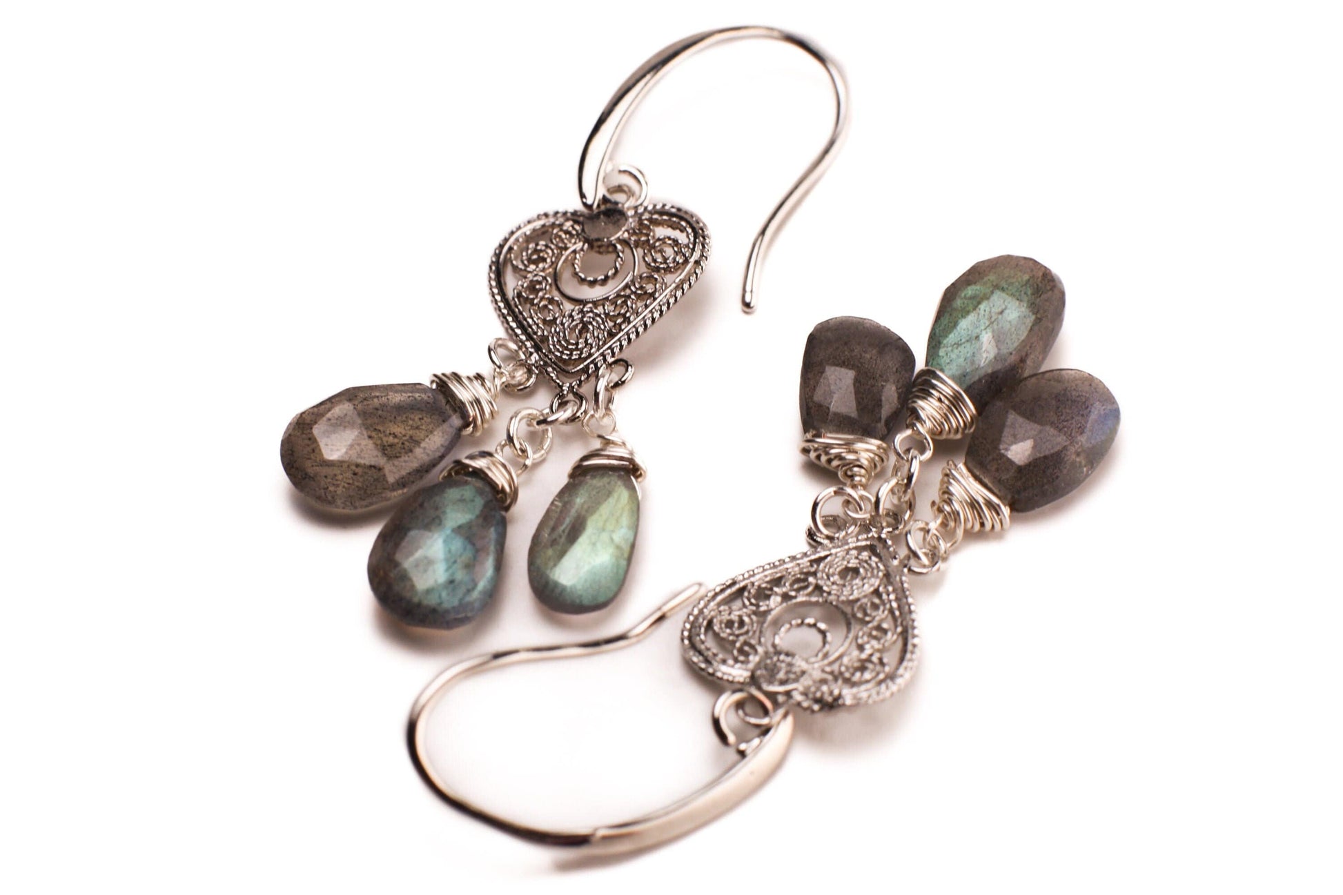 Natural Labradorite 5x10mm Faceted Drop Wire wrapped Chandelier Heart Filigree Rhodium Silver Earrings