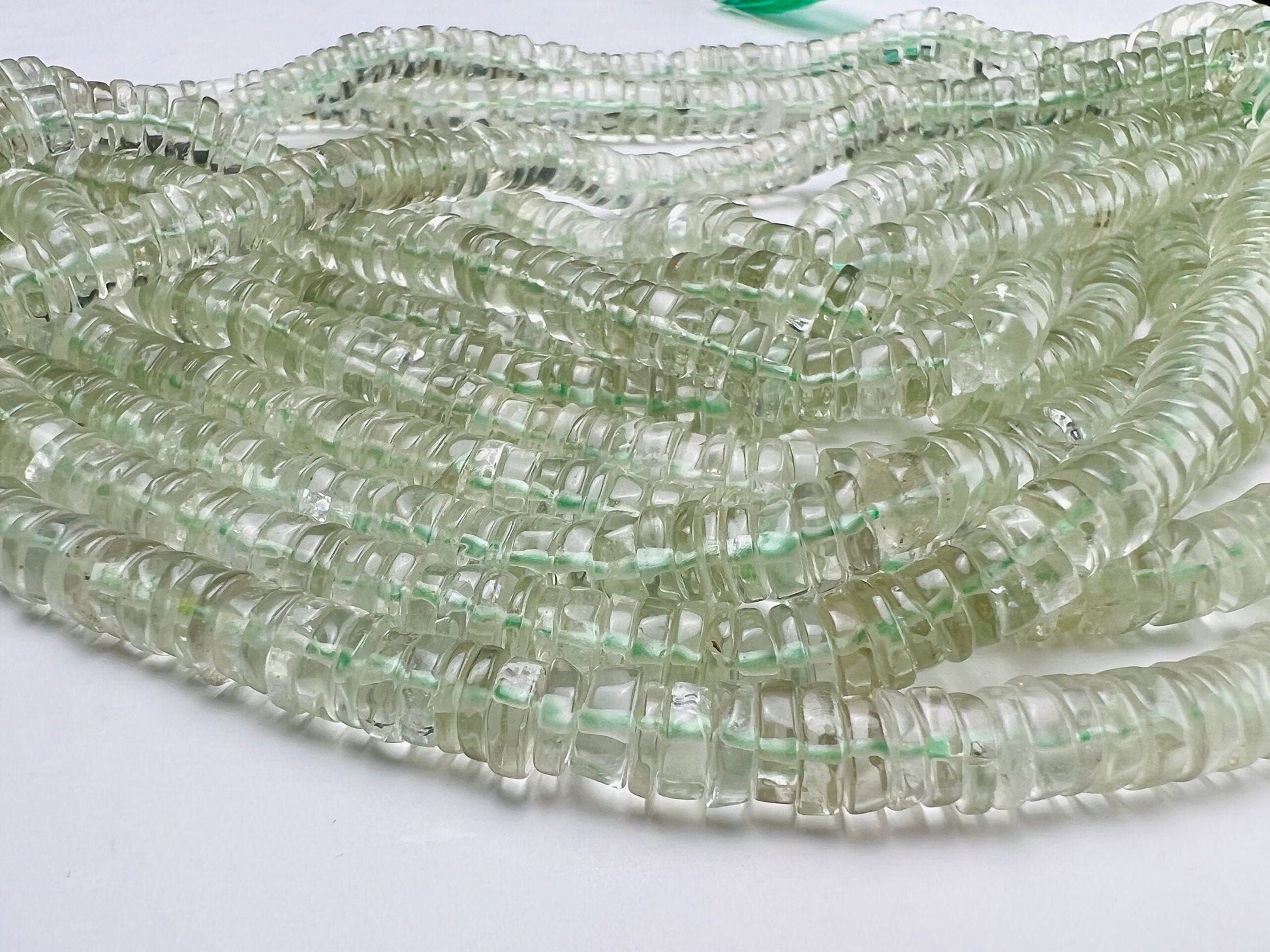 Green Amethyst smooth Heishi tyre 5.5-6mm washer bead Green Prasiolite Jewelry Making Gemstone Beads 6.5" , 13"