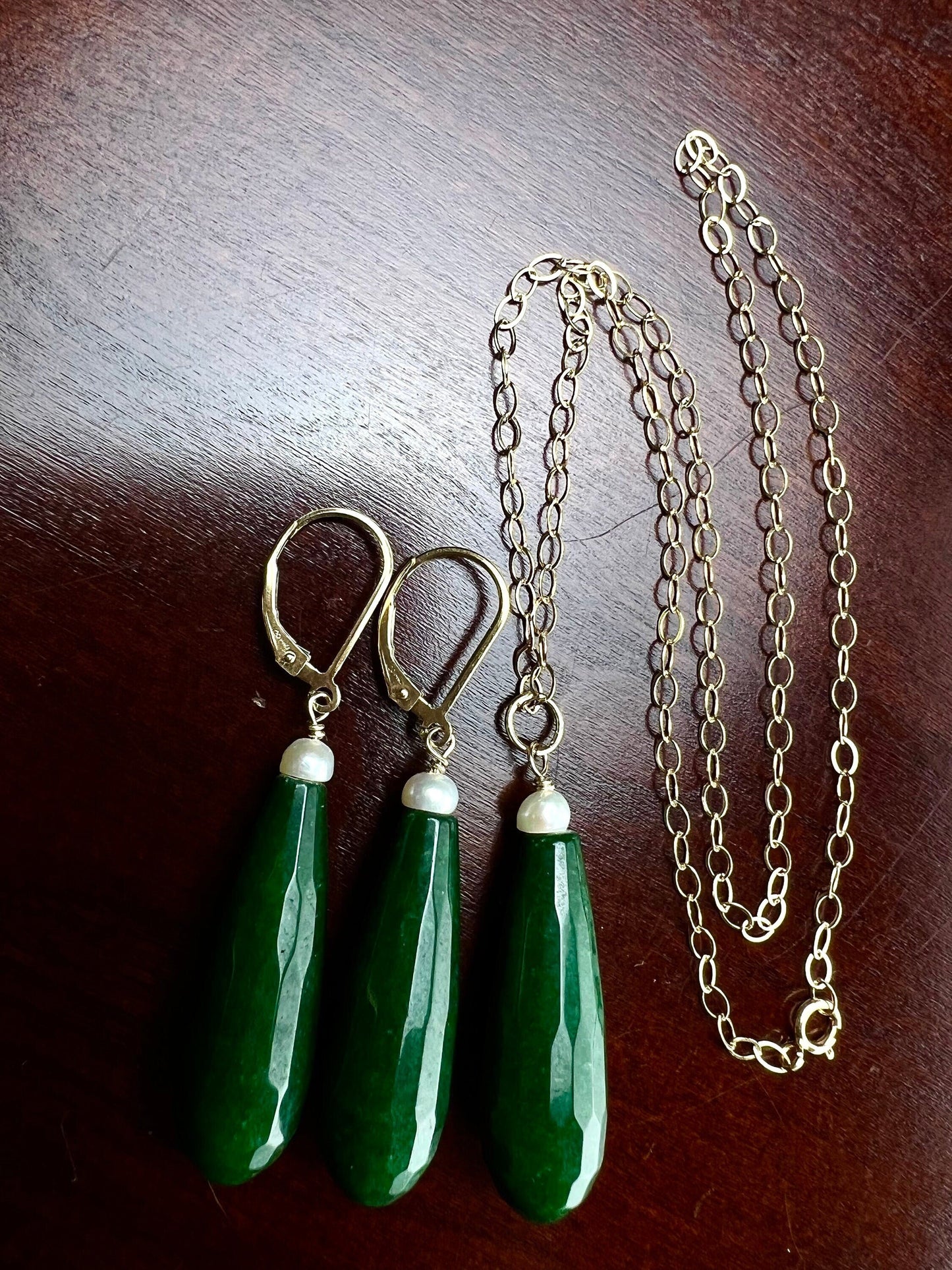 Emerald Jade 10×30mm Long Teardrop with Freshwater Button Pearl, 925 Sterling Silver or 14K Gold Filled Leverback Earrings Set, Gift