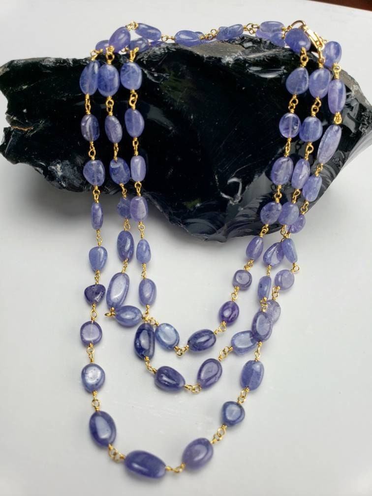 Natural Tanzanite 7-8.5mm oval smooth 18k gold vermeil Wire Wrapped handmade Necklace, gold filled clasp choker layering Elegant gift