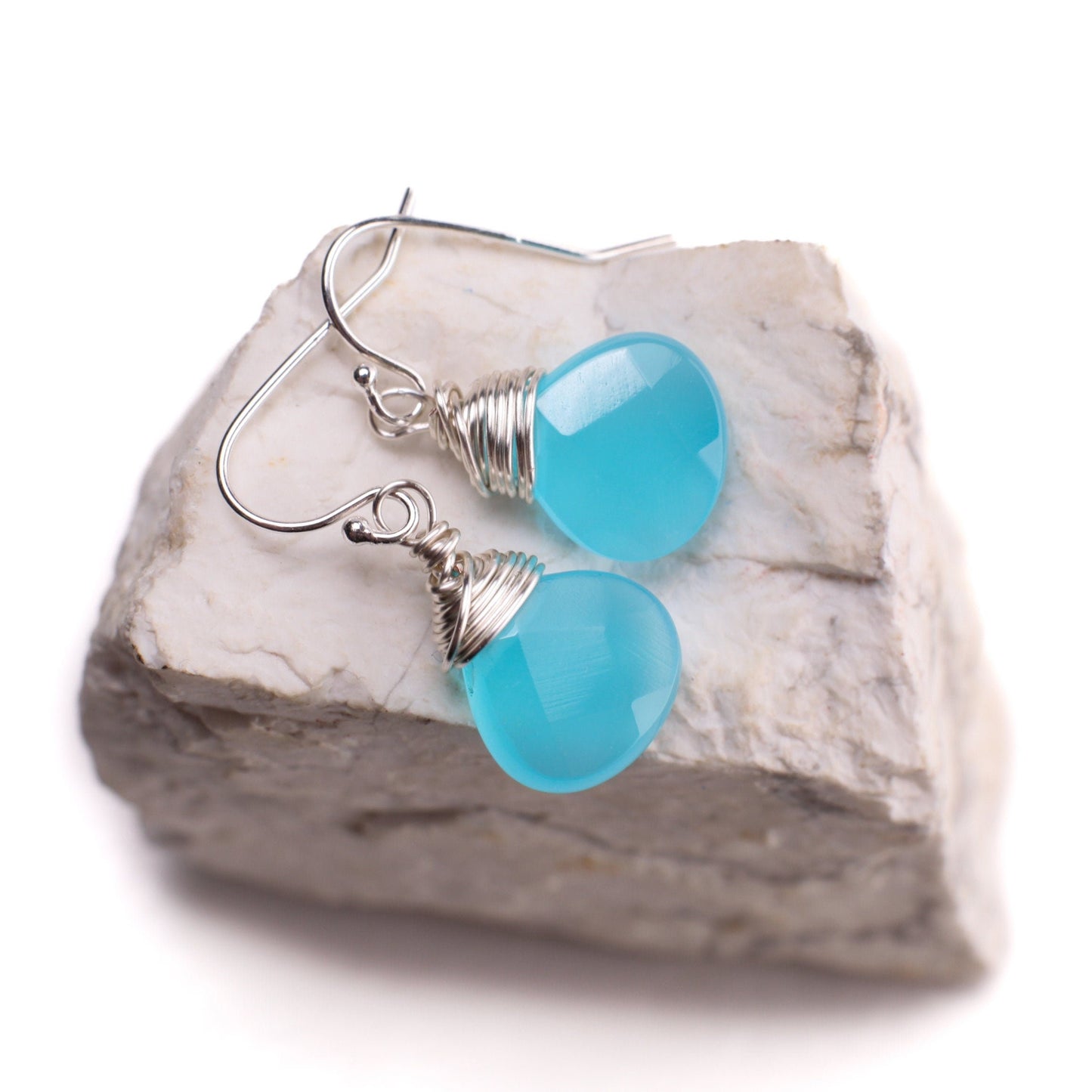 Aqua blue Chalcedony Faceted 12mm heart Teardrop Wire Wrapped in Sterling Silver or 14k gold-filled earrings. Beautiful summer wear