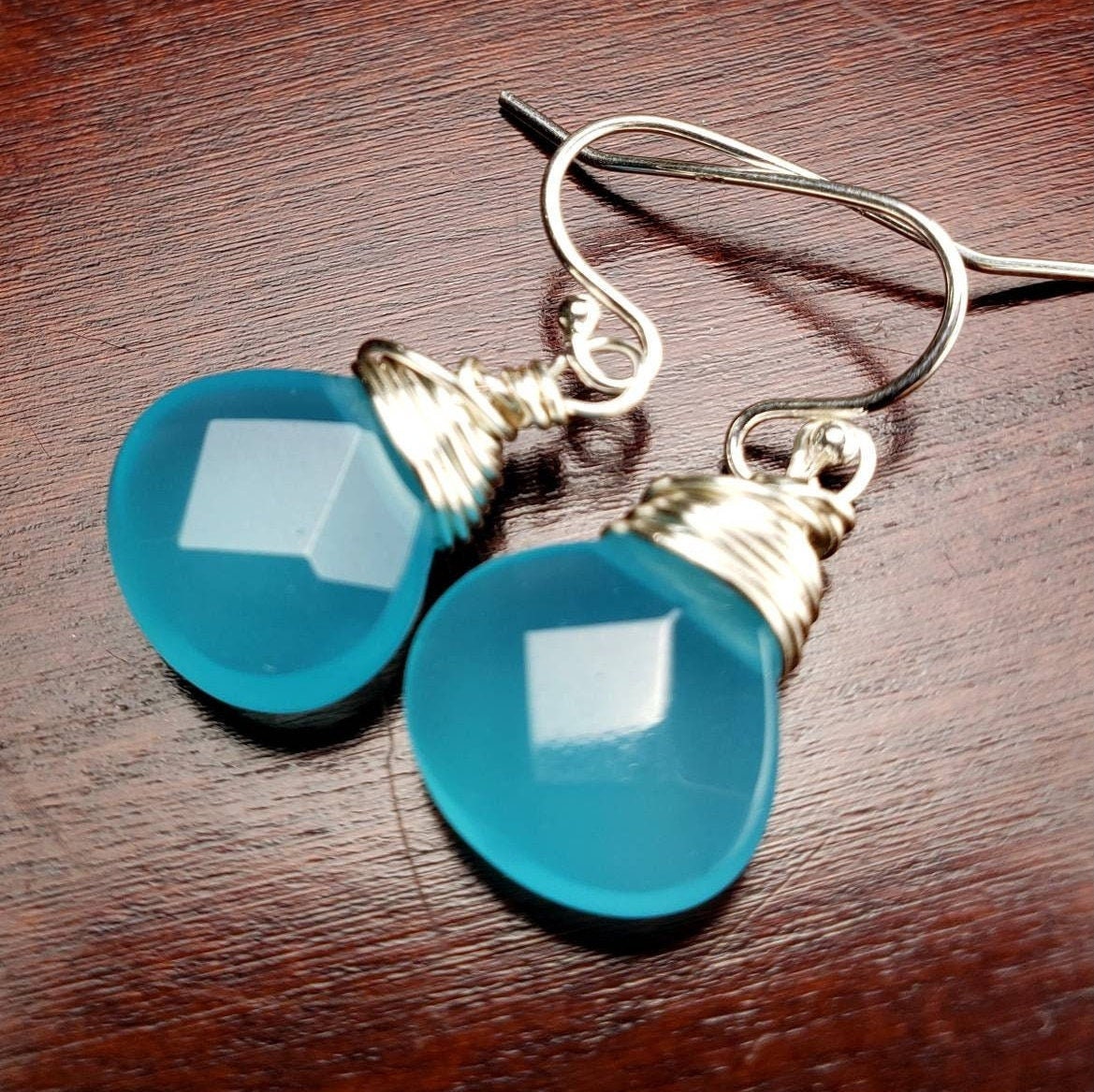 Aqua blue Chalcedony Faceted 12mm heart Teardrop Wire Wrapped in Sterling Silver or 14k gold-filled earrings. Beautiful summer wear