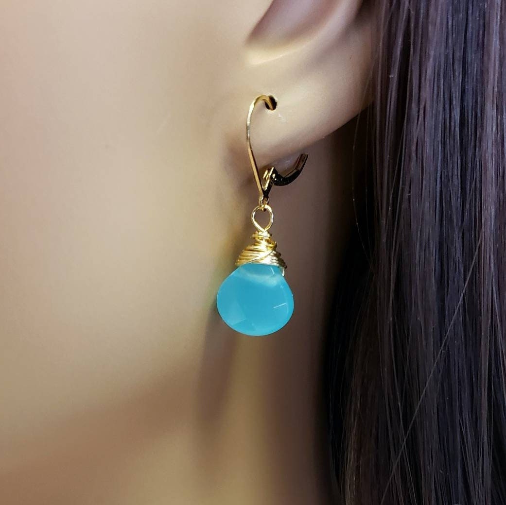 Aqua blue Chalcedony Faceted 12mm heart Teardrop Wire Wrapped in Sterling Silver or 14k gold-filled earrings. Beautiful summer wear